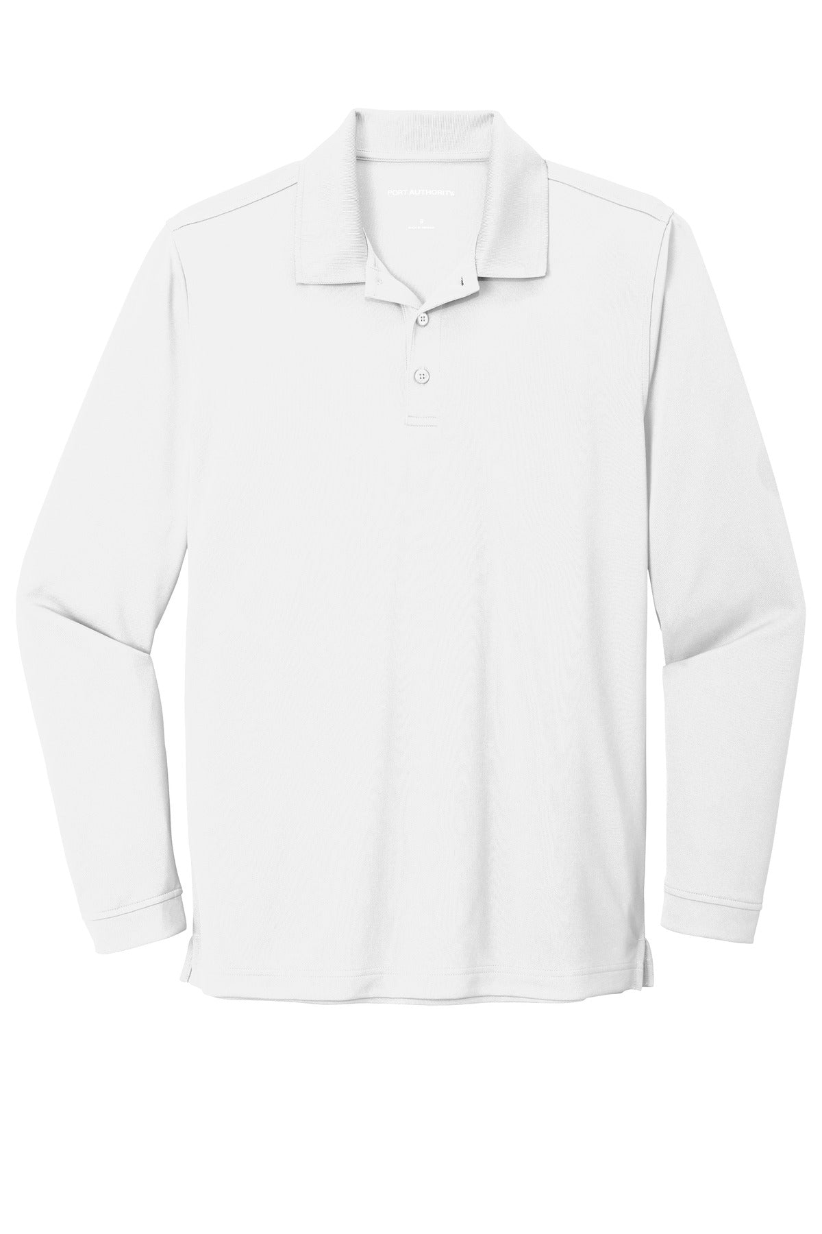 Front View of White Port Authority Dry Zone UV Micro-Mesh Long Sleeve Polo K110LS
