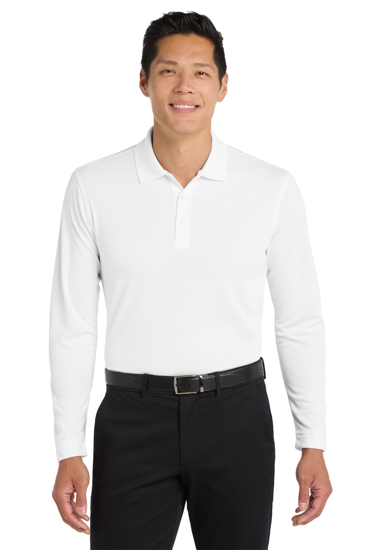 Front View of White Port Authority Dry Zone UV Micro-Mesh Long Sleeve Polo K110LS