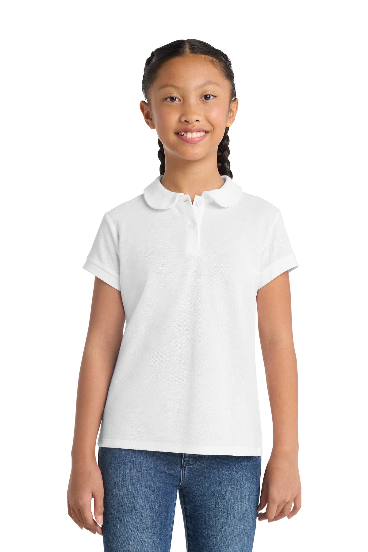 Front View of White Port Authority Girls Silk Touch Peter Pan Collar Polo. YG503