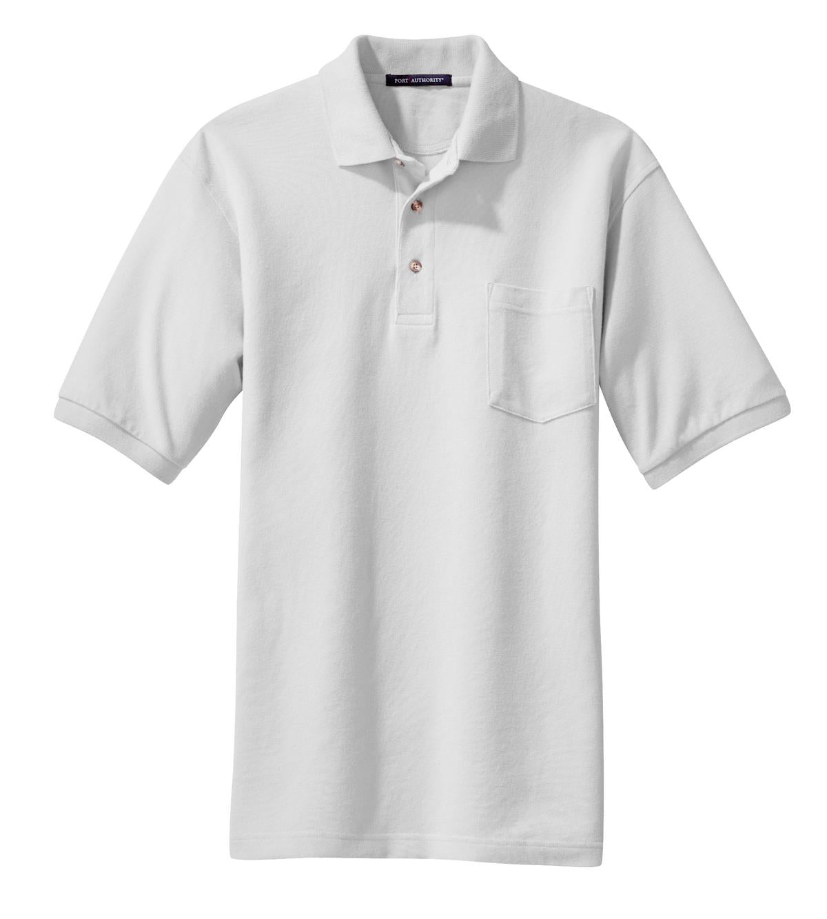 Front View of White Port Authority Heavyweight Cotton Pique Polo with Pocket. K420P