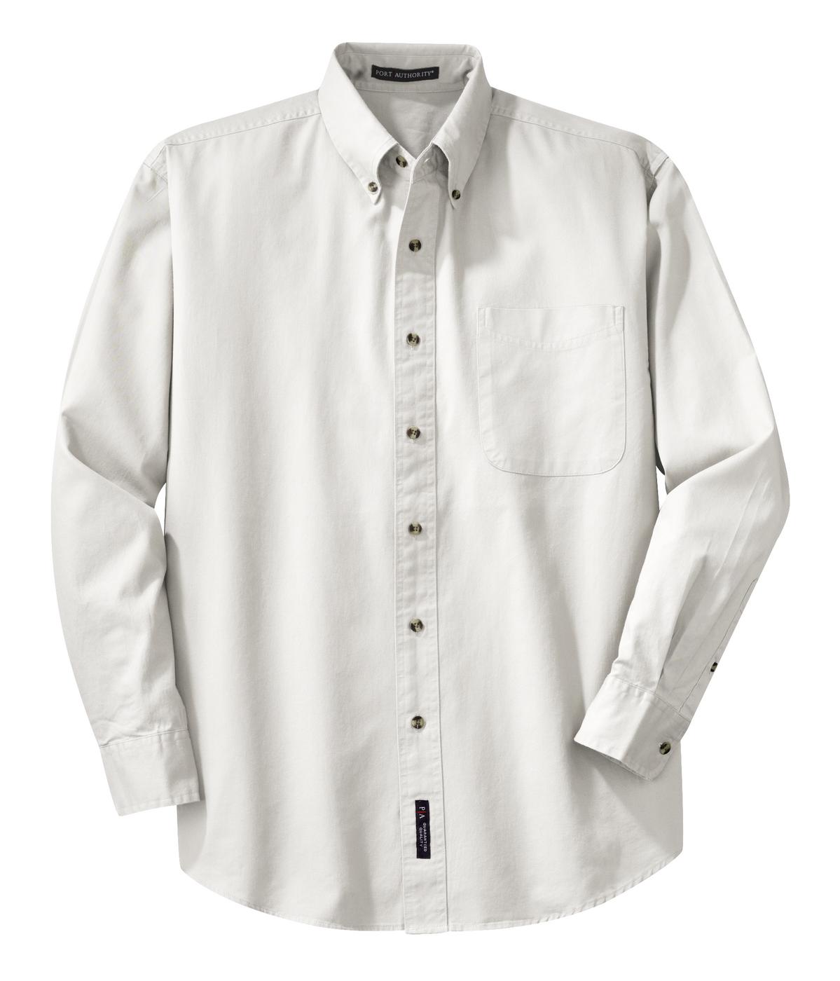 Front View of White Port Authority Long Sleeve Twill Shirt. S600T