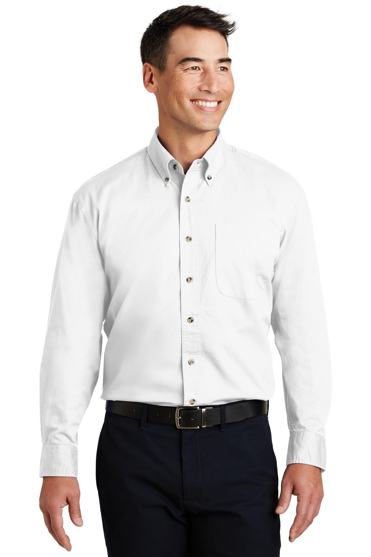 Front View of White Port Authority Long Sleeve Twill Shirt. S600T