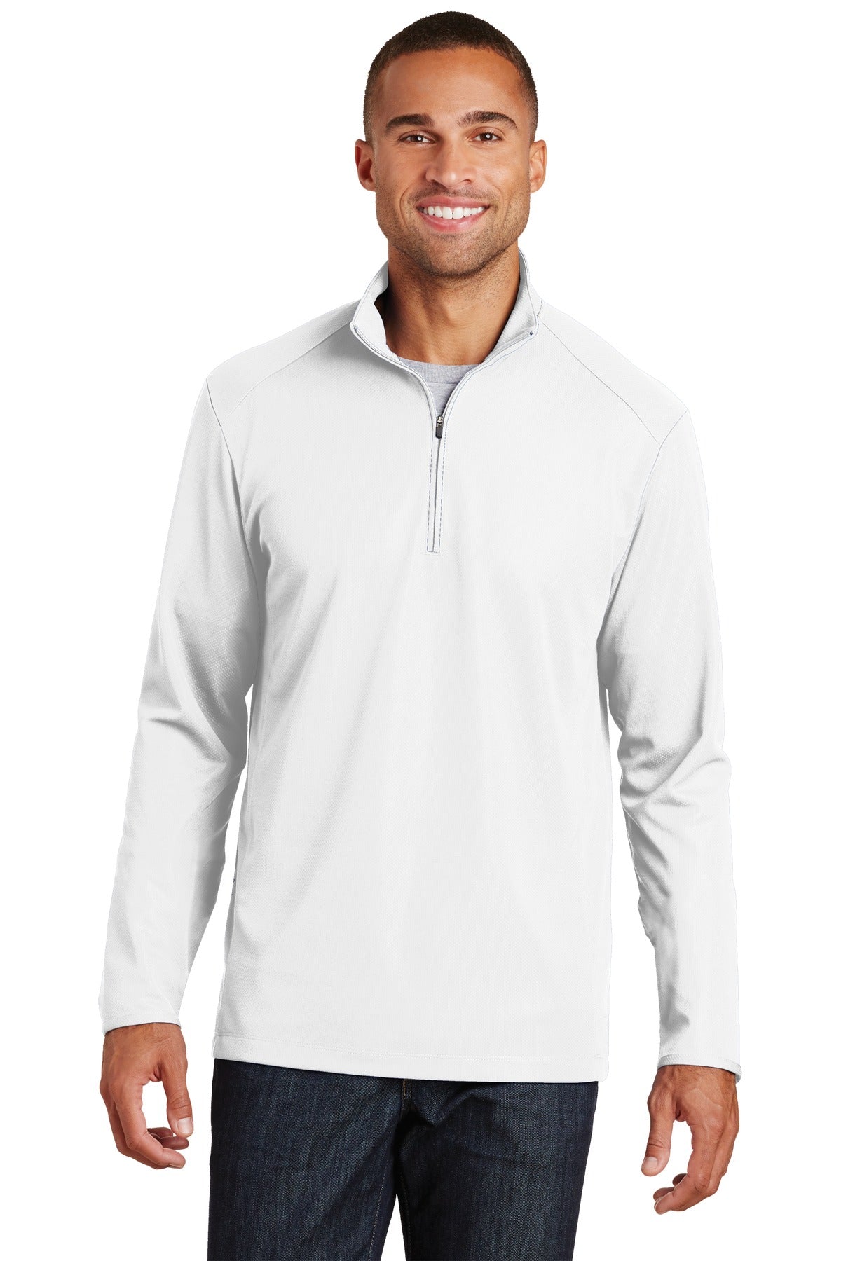 Front View of White Port Authority Pinpoint Mesh 1/2-Zip. K806