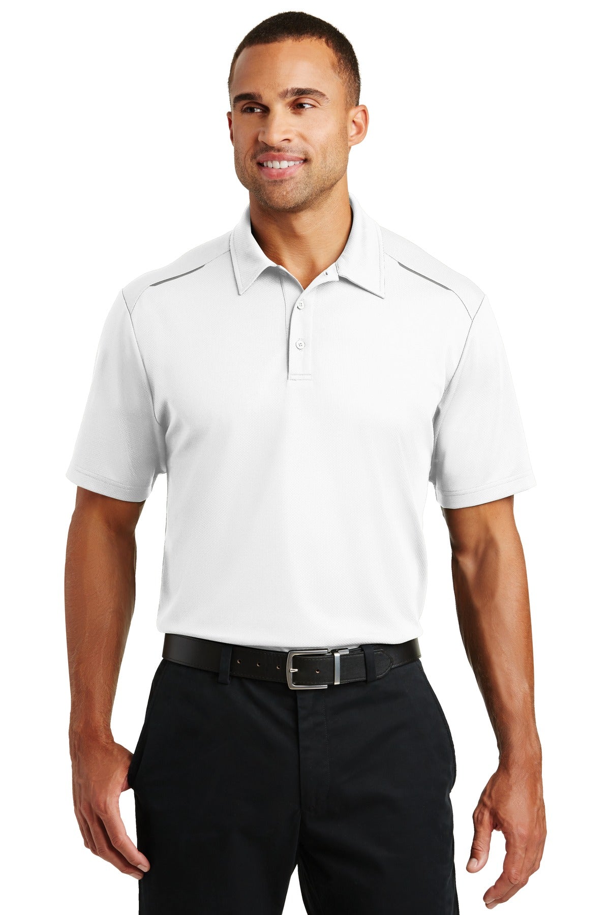 Front View of White Port Authority Pinpoint Mesh Polo. K580