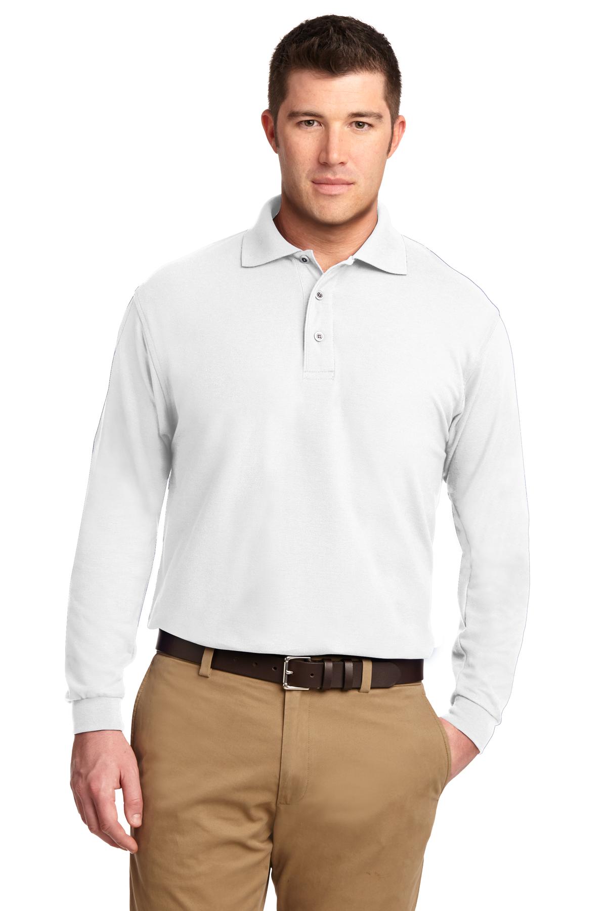 Front View of White Port Authority Silk Touch Long Sleeve Polo. K500LS