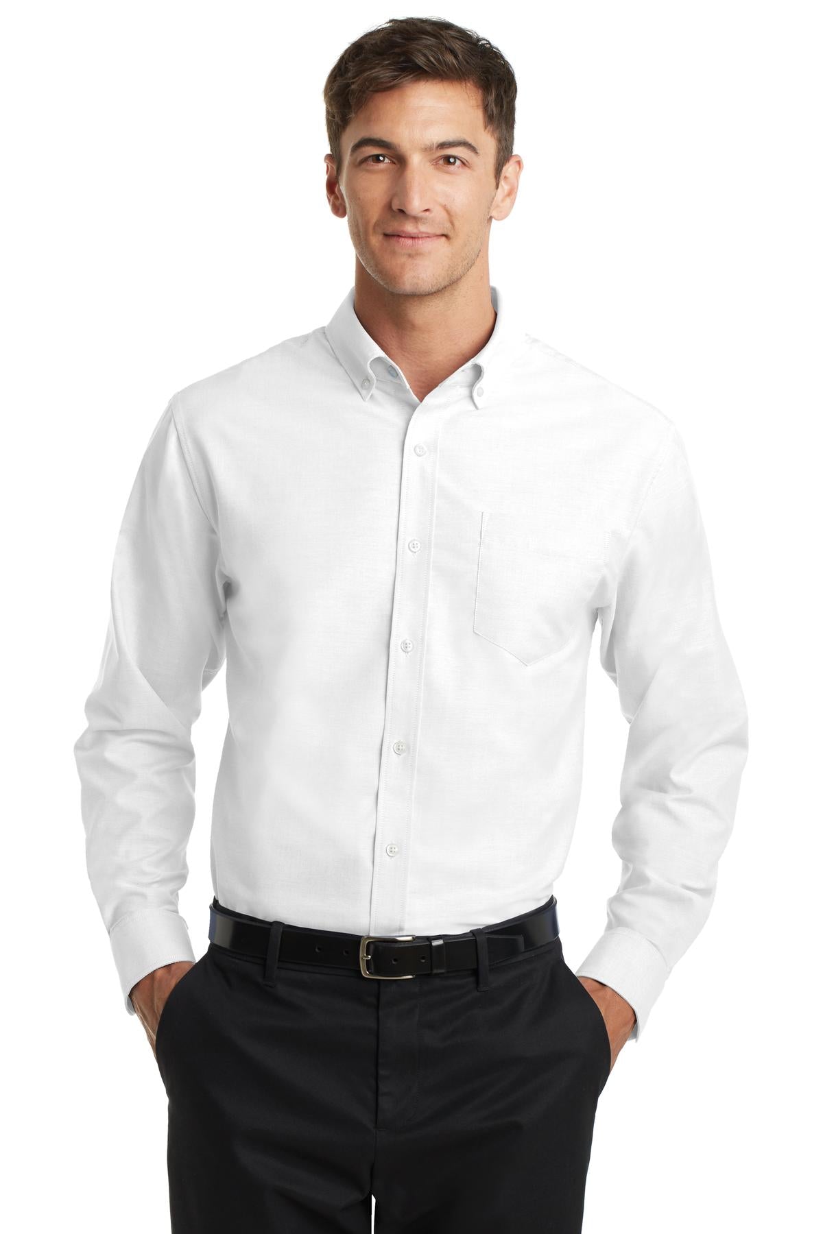 Front View of White Port Authority SuperPro Oxford Shirt. S658