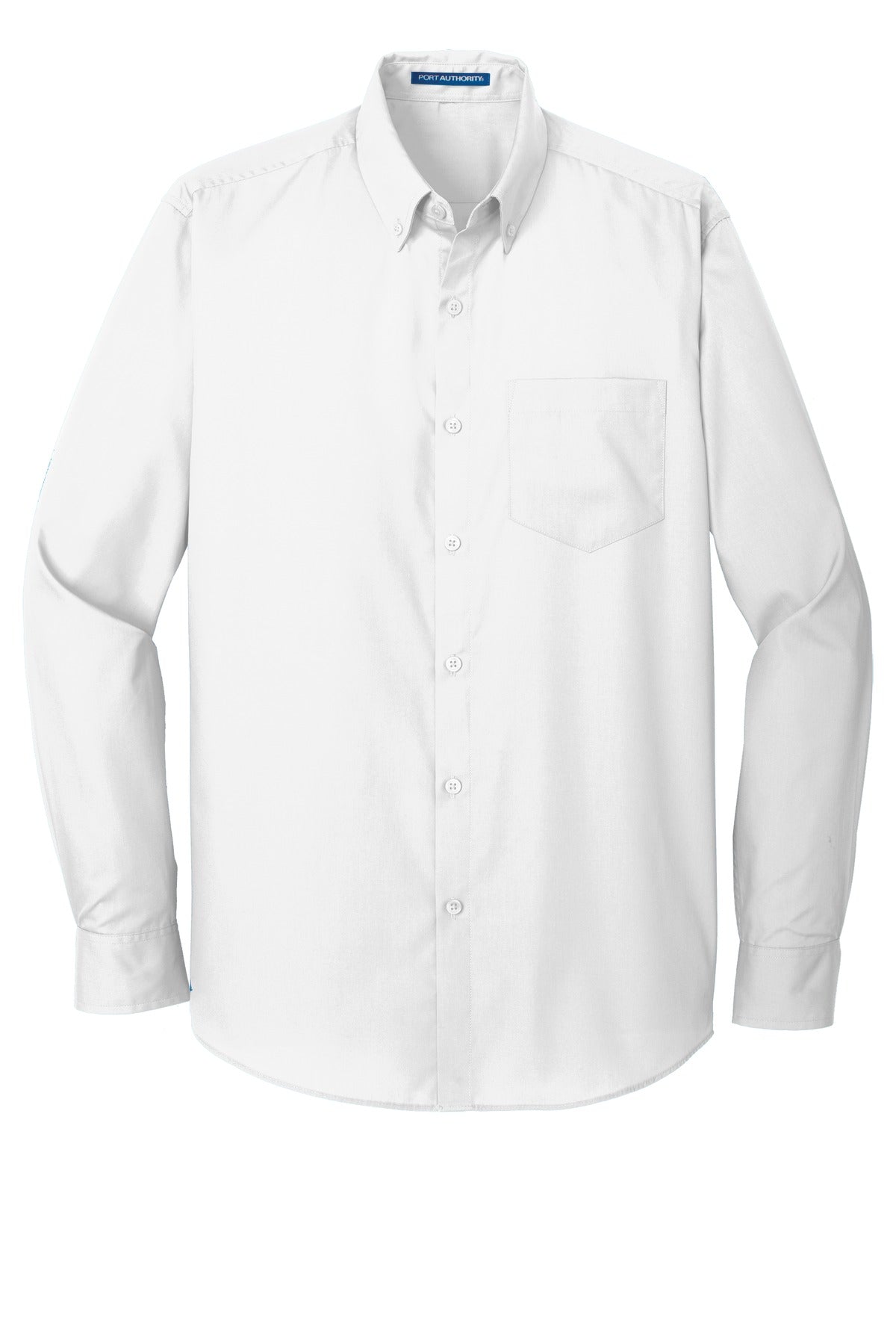 Front View of White Port Authority Tall Long Sleeve Carefree Poplin Shirt. TW100