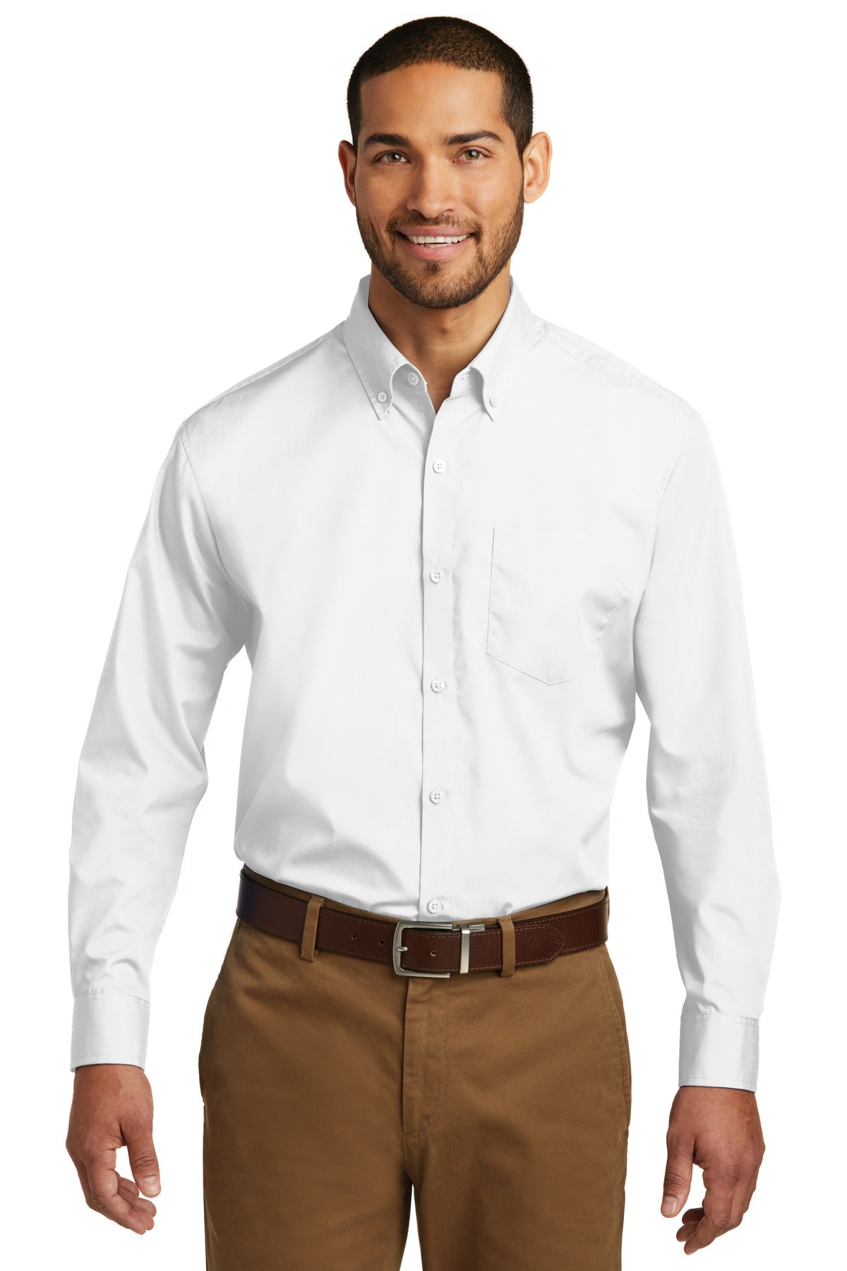 Front View of White Port Authority Tall Long Sleeve Carefree Poplin Shirt. TW100