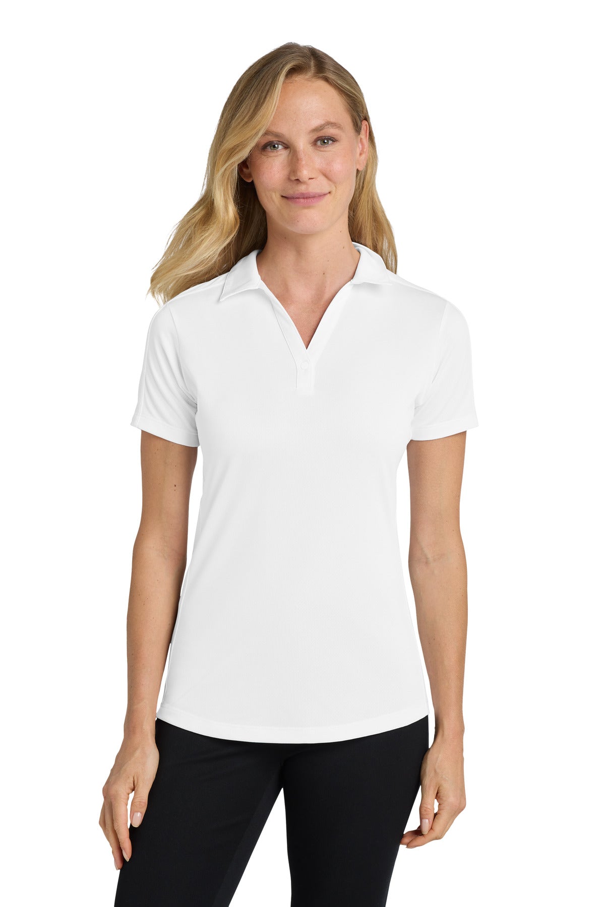 Front View of White Port Authority Women's Diamond Jacquard Polo. L569