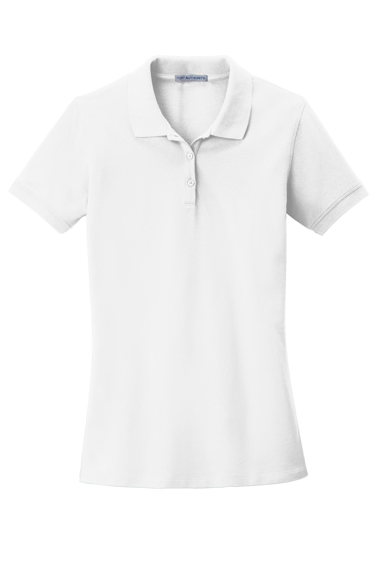 Front View of White Port Authority Women's EZCotton Polo. LK8000