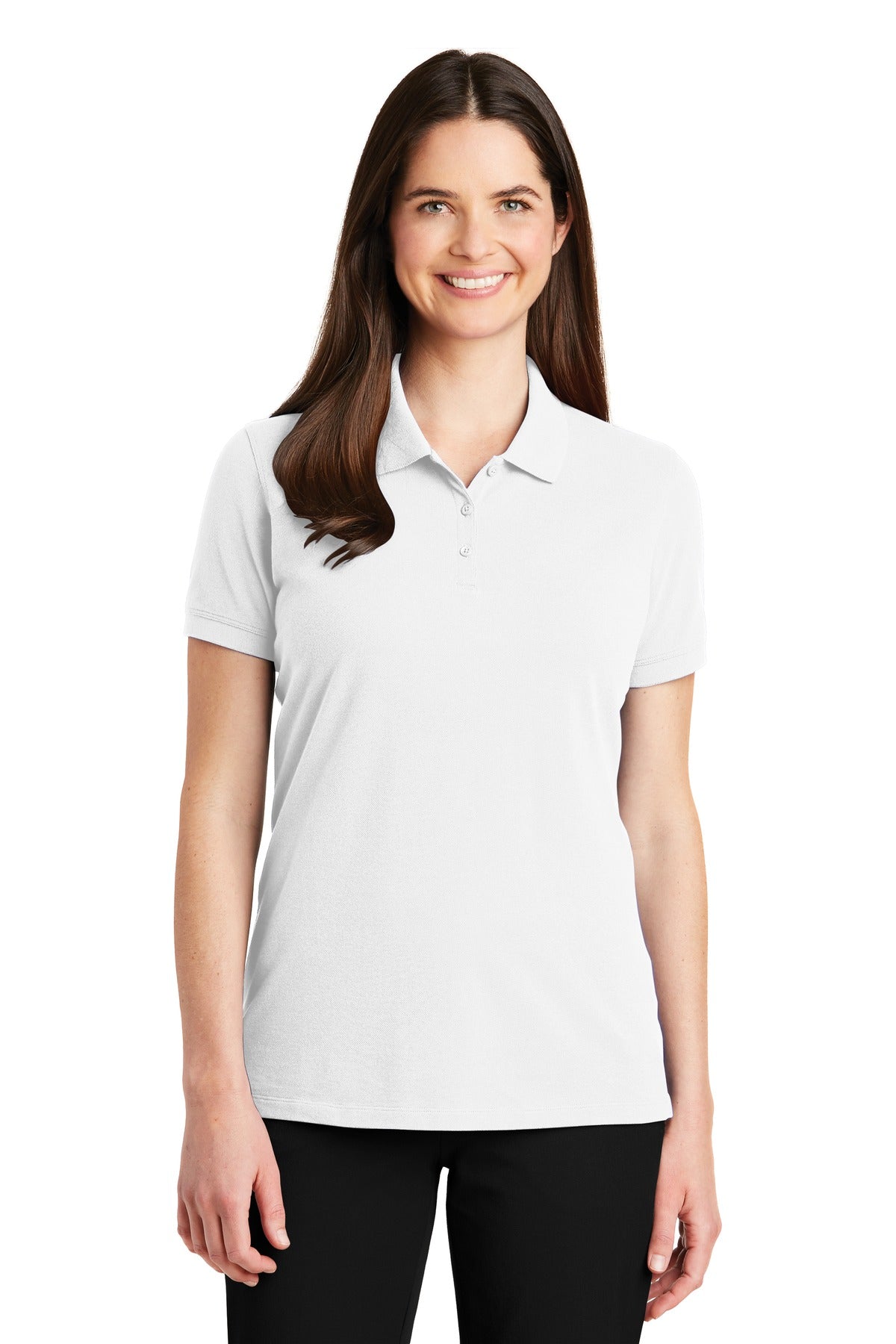 Front View of White Port Authority Women's EZCotton Polo. LK8000