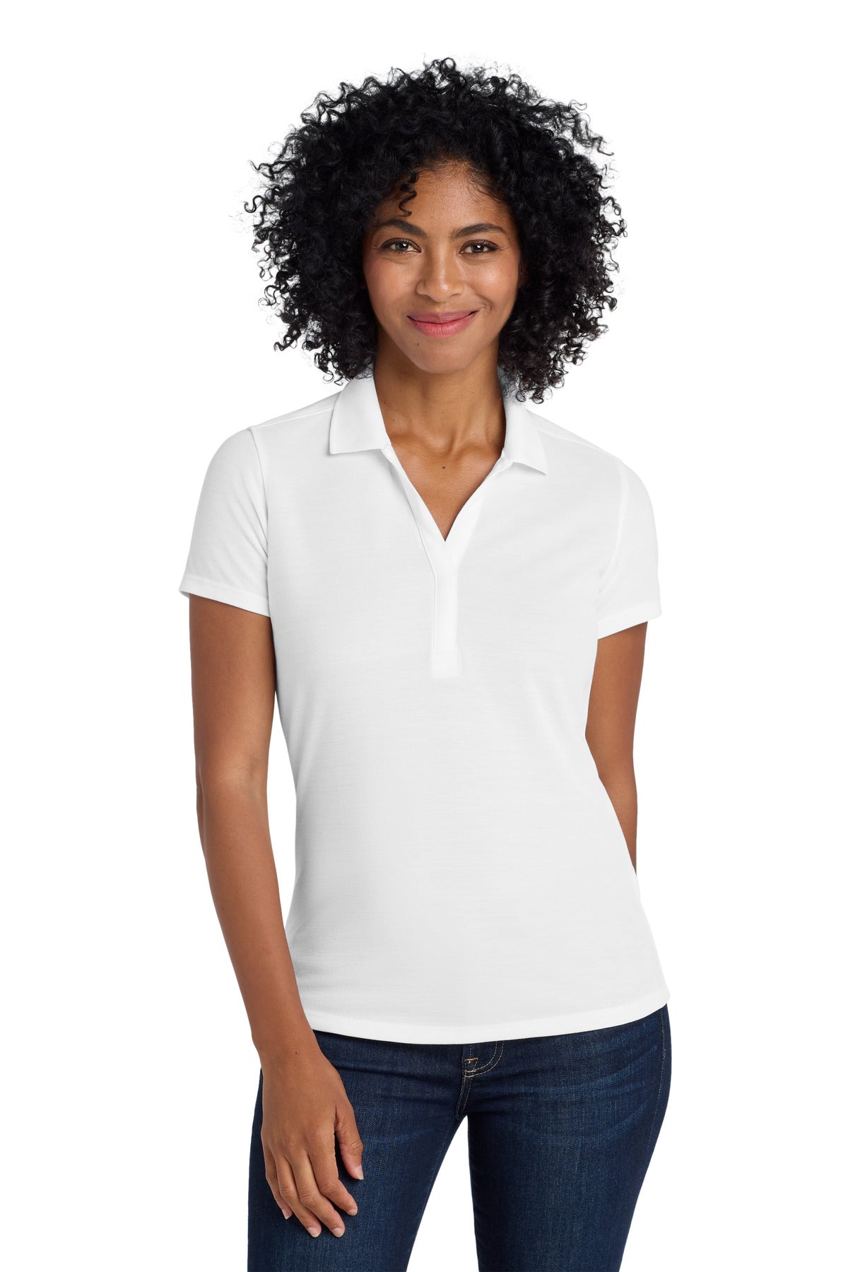 Front View of White Port Authority Women's EZPerformance Pique Polo. LK600