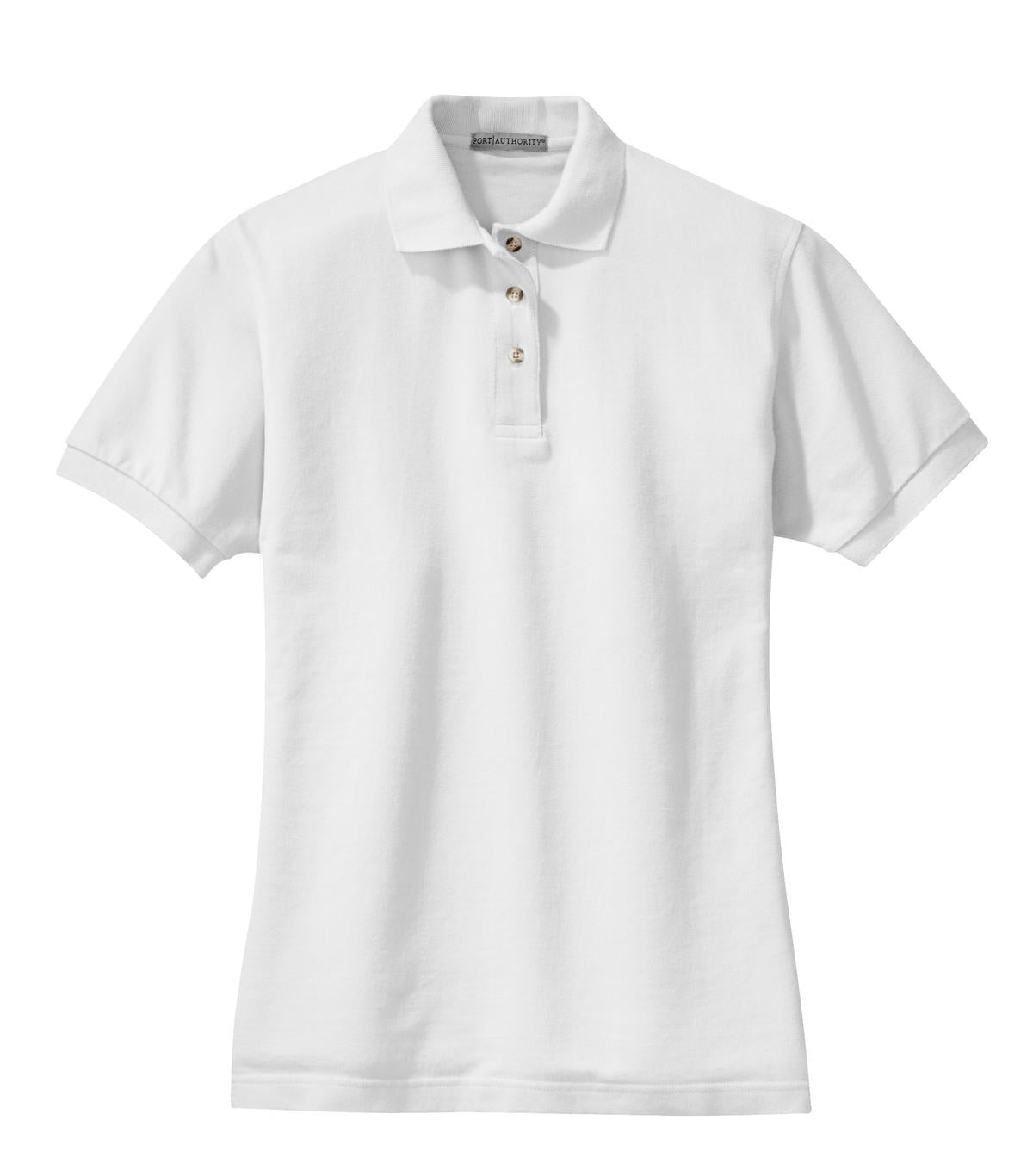 Front View of White Port Authority Women's Heavyweight Cotton Pique Polo. L420