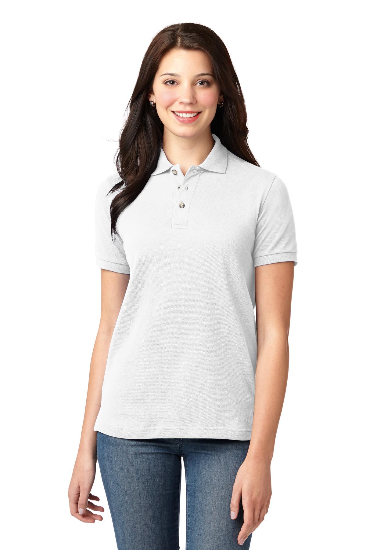 Front View of White Port Authority Women's Heavyweight Cotton Pique Polo. L420