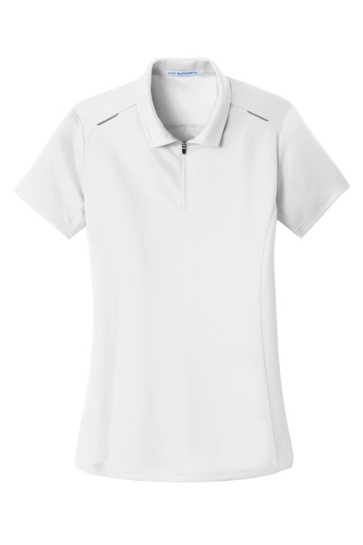 Front View of White Port Authority Women's Pinpoint Mesh Zip Polo. L580