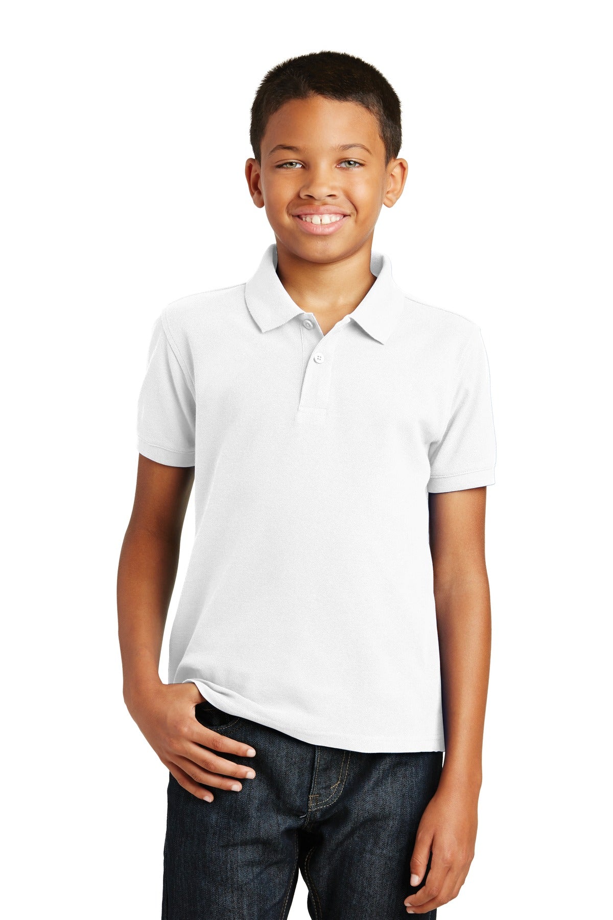 Front View of White Port Authority Youth Core Classic Pique Polo. Y100