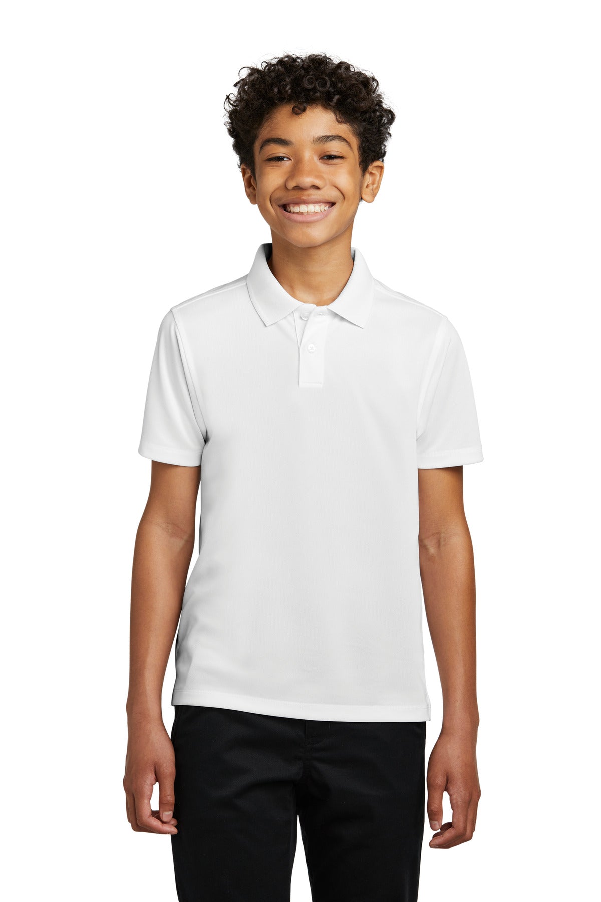 Front View of White Port Authority Youth Dry Zone UV Micro-Mesh Polo Y110