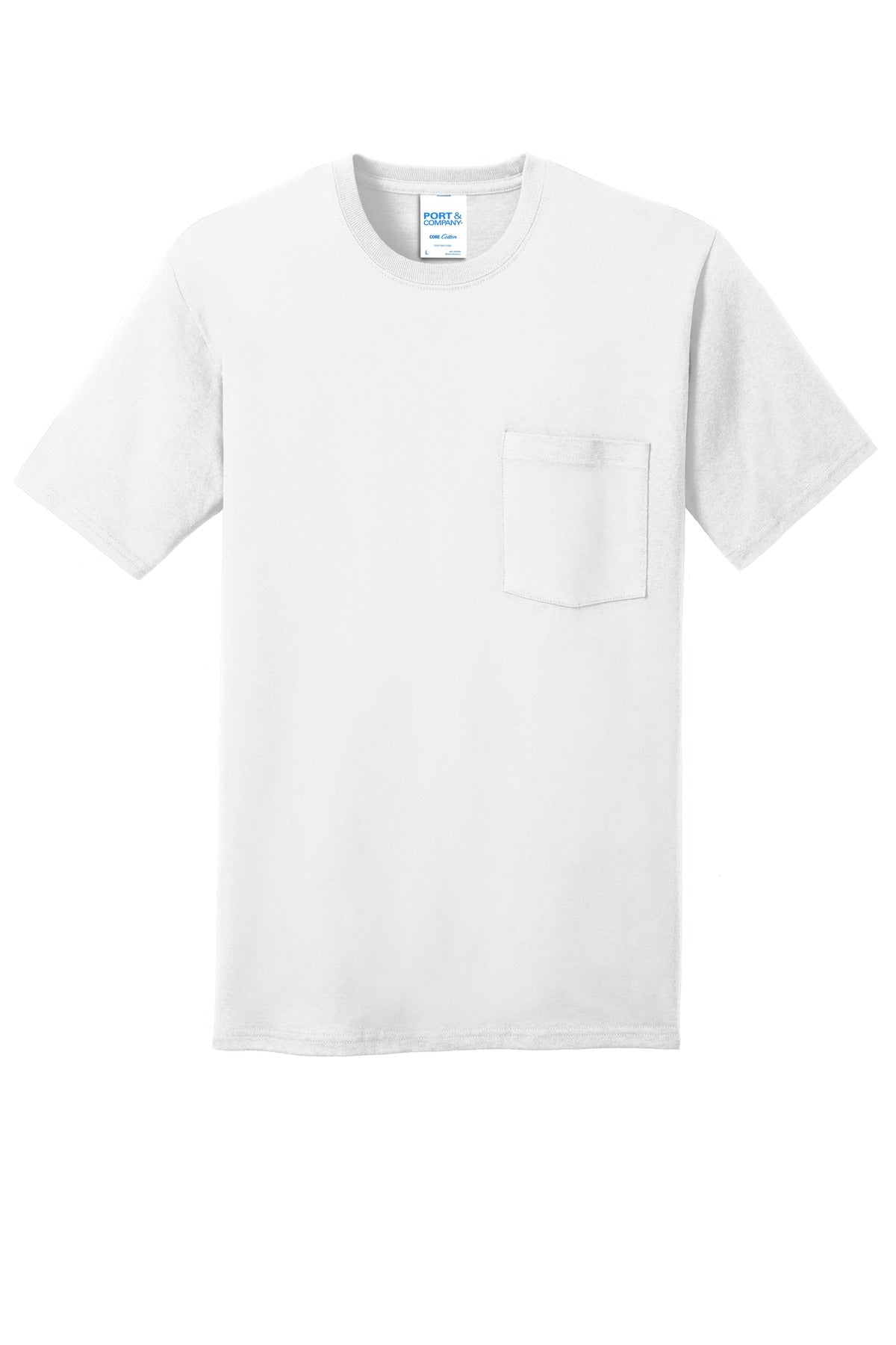 Front View of White Port & Company Core Cotton Pocket Tee. PC54P