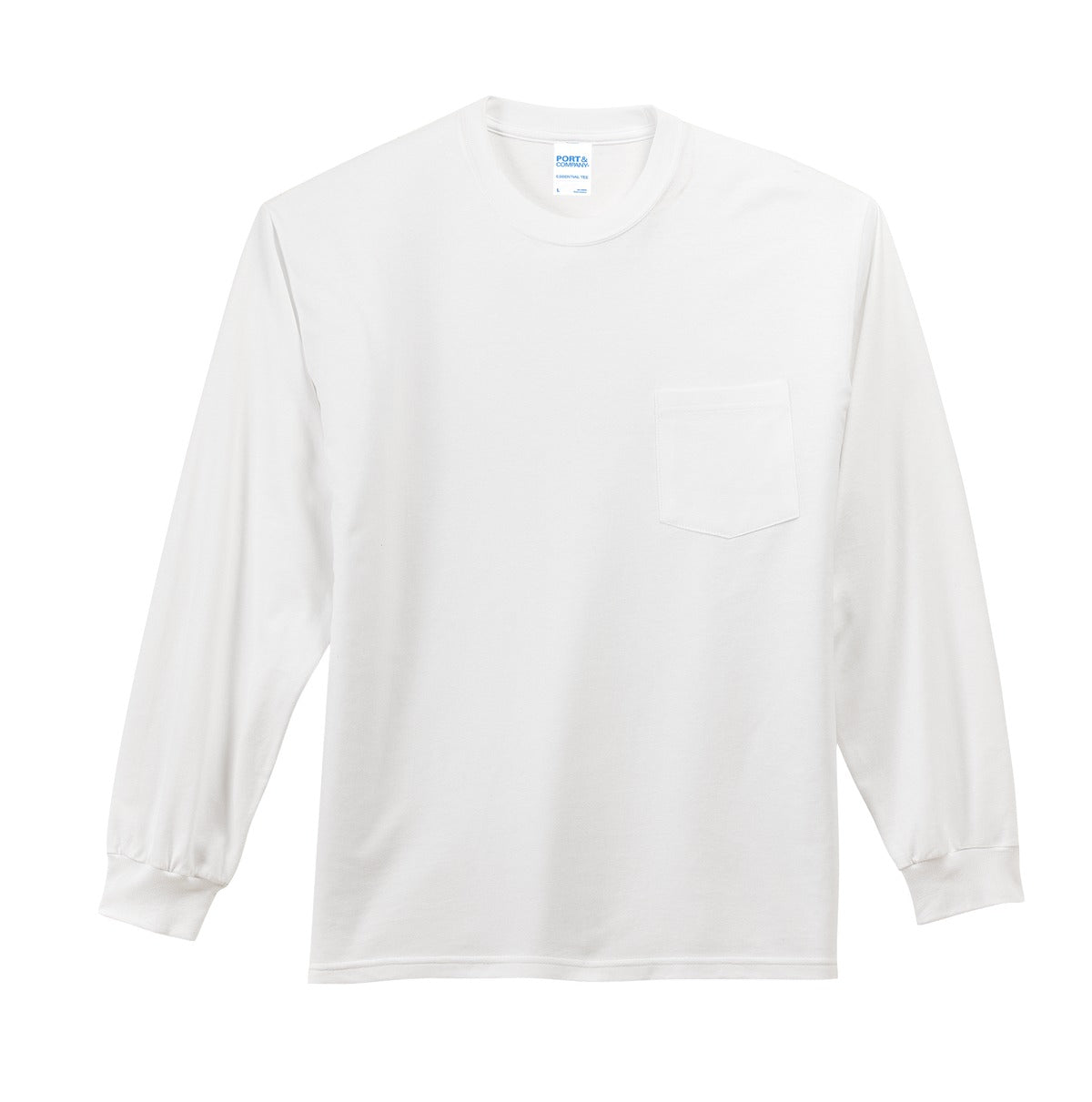 Front View of White Port & Company Tall Long Sleeve Essential Pocket Tee. PC61LSPT