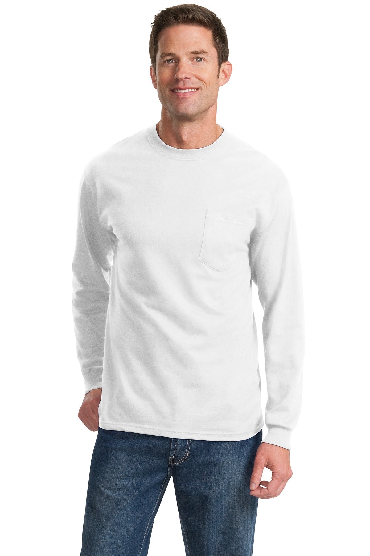 Front View of White Port & Company Tall Long Sleeve Essential Pocket Tee. PC61LSPT
