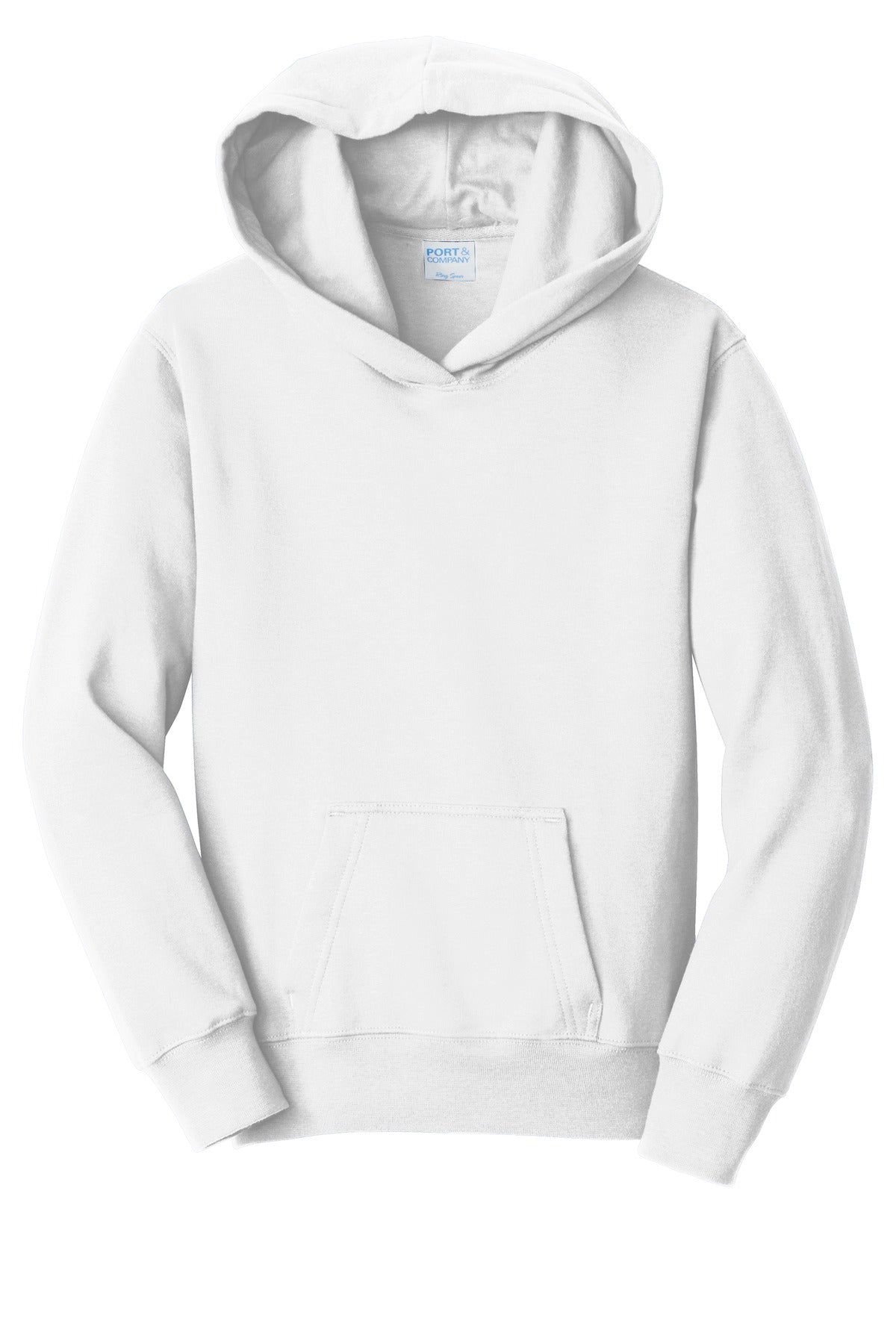 Front View of White Port & Company Youth Fan Favorite Fleece Pullover Hooded Sweatshirt. PC850YH