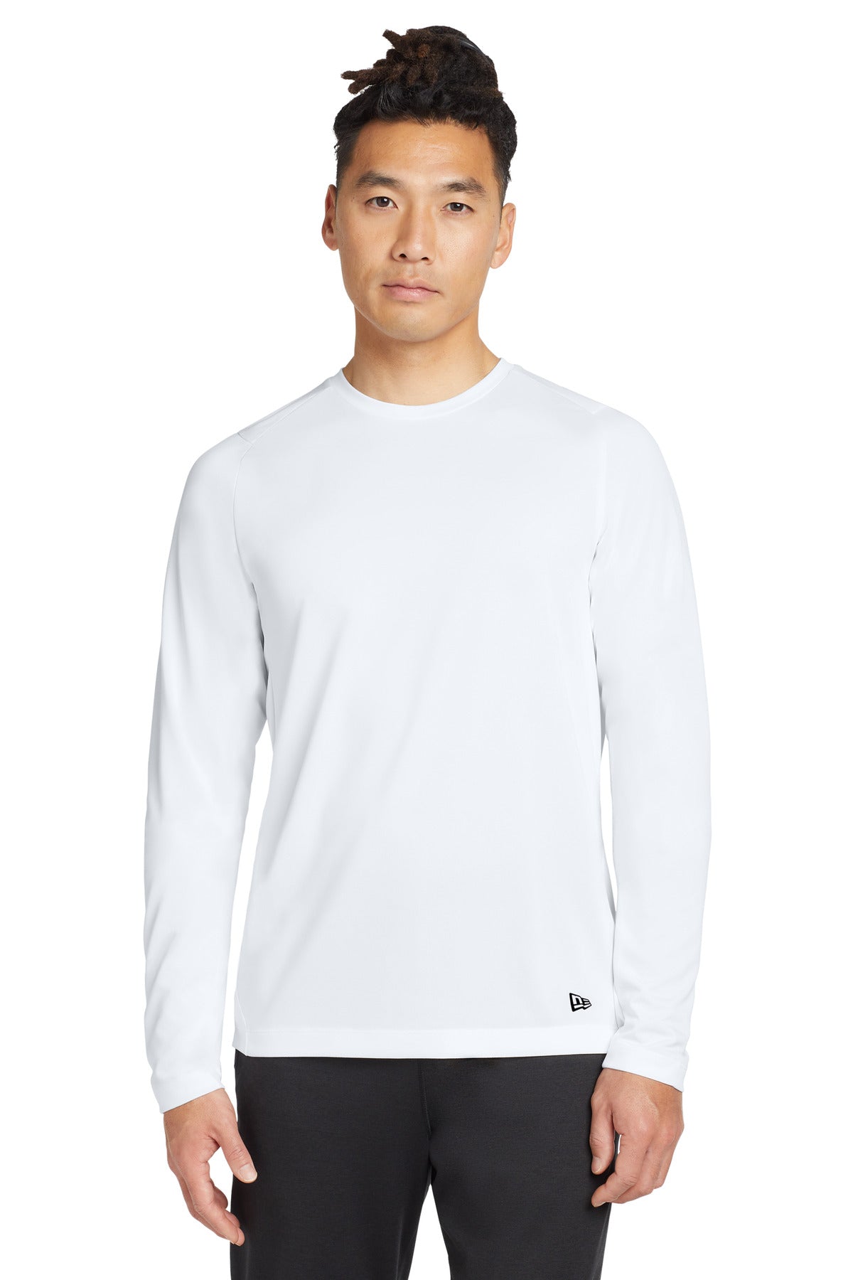 Front View of White Solid New Era Series Performance Long Sleeve Crew Tee. NEA201