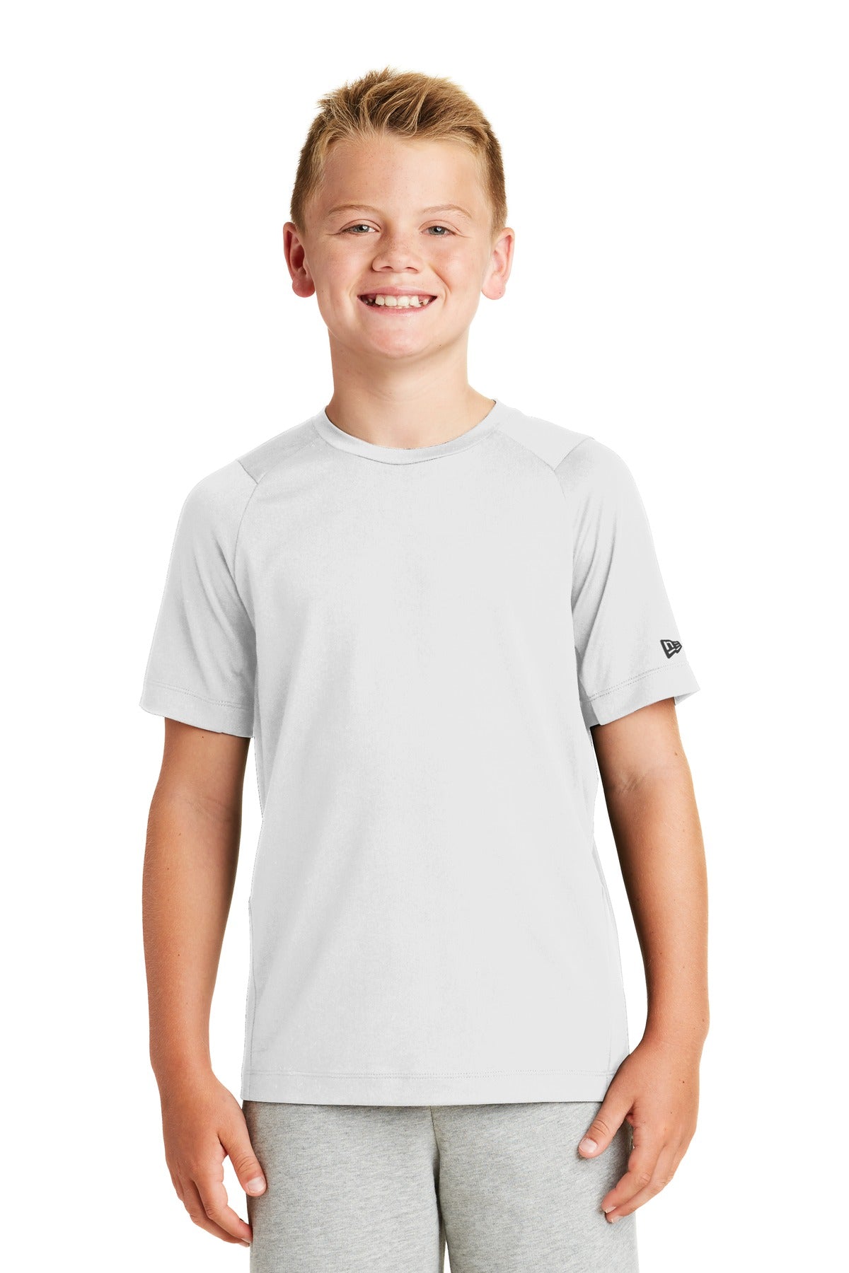 Front View of White Solid New Era Youth Series Performance Crew Tee. YNEA200