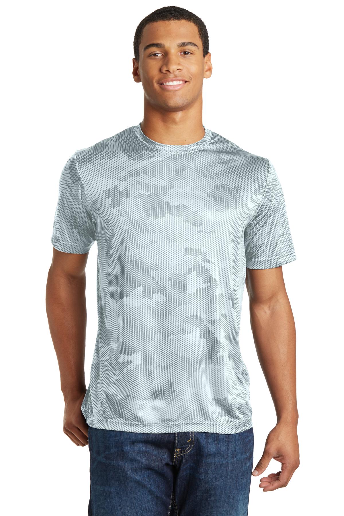 Front View of White Sport-Tek CamoHex Tee. ST370