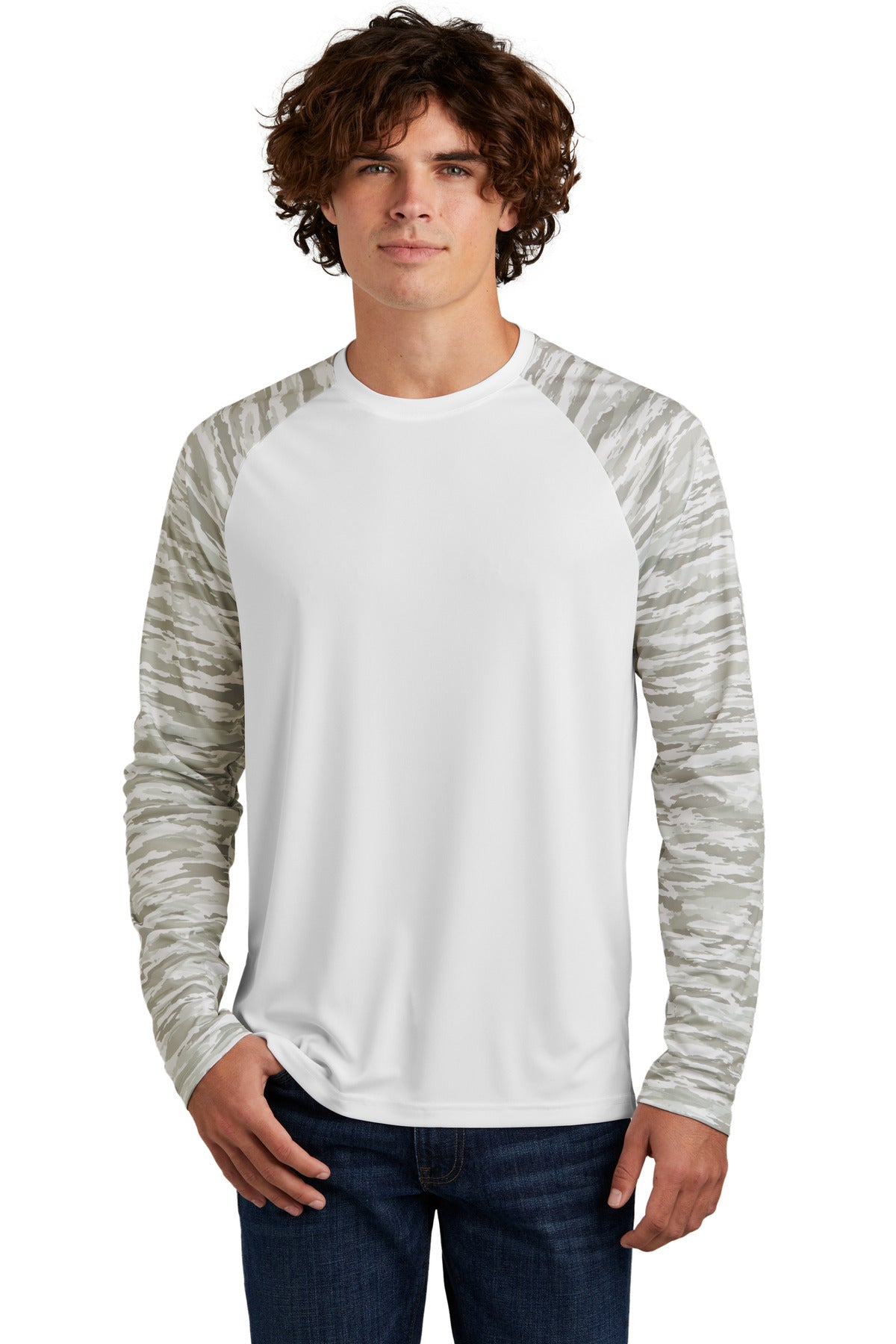 Front View of White Sport-Tek Drift Camo Colorblock Long Sleeve Tee ST376LS