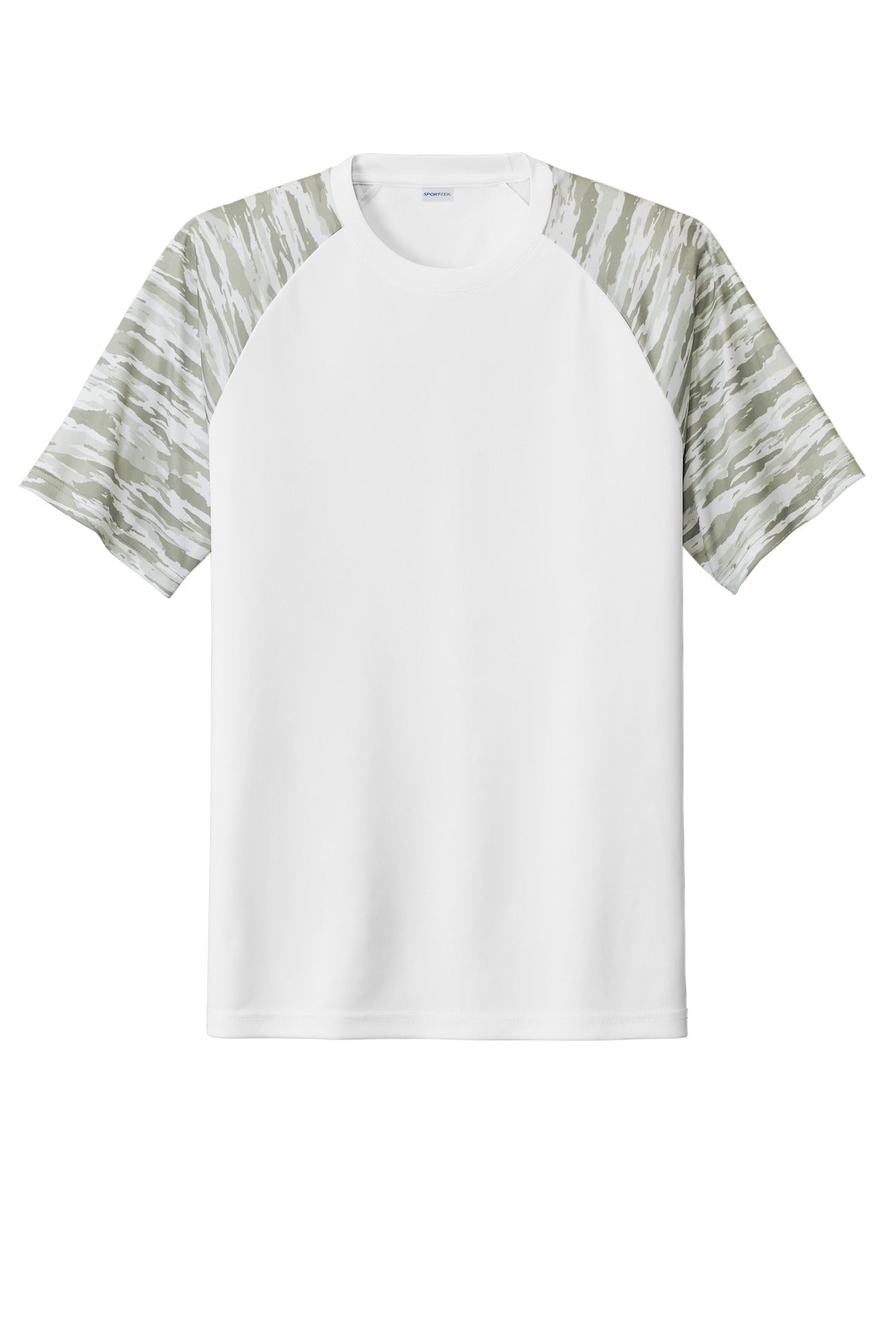 Front View of White Sport-Tek Drift Camo Colorblock Tee ST376