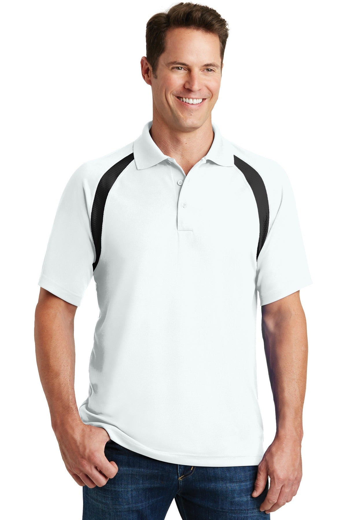 Front View of White Sport-Tek Dry Zone Colorblock Raglan Polo. T476