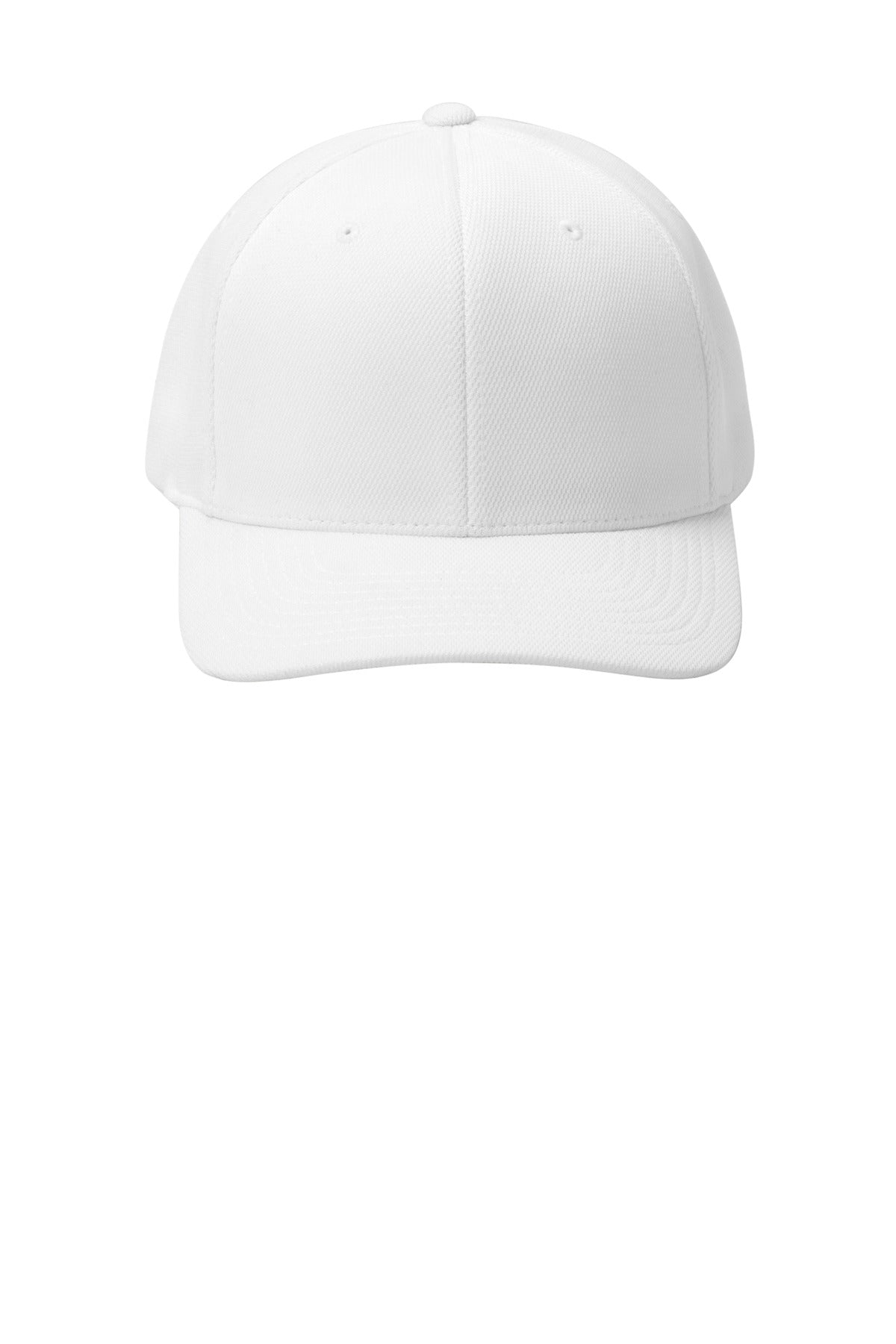 Front View of White Sport-Tek Flexfit Cool & Dry Poly Block Mesh Cap. STC22
