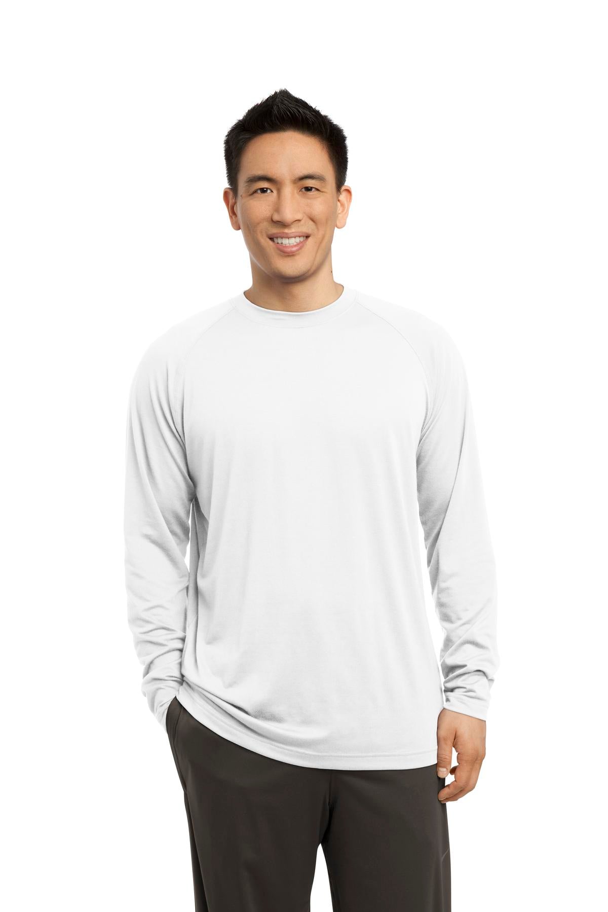 Front View of White Sport-Tek Long Sleeve Ultimate Performance Crew. ST700LS
