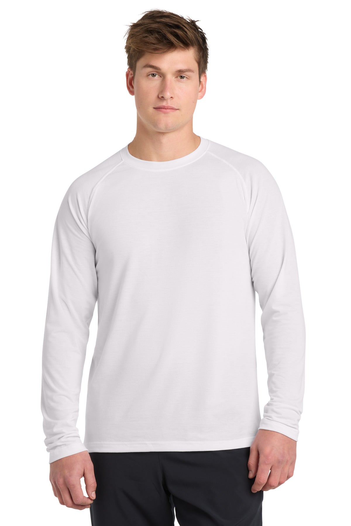 Front View of White Sport-Tek Long Sleeve Ultimate Performance Crew. ST700LS