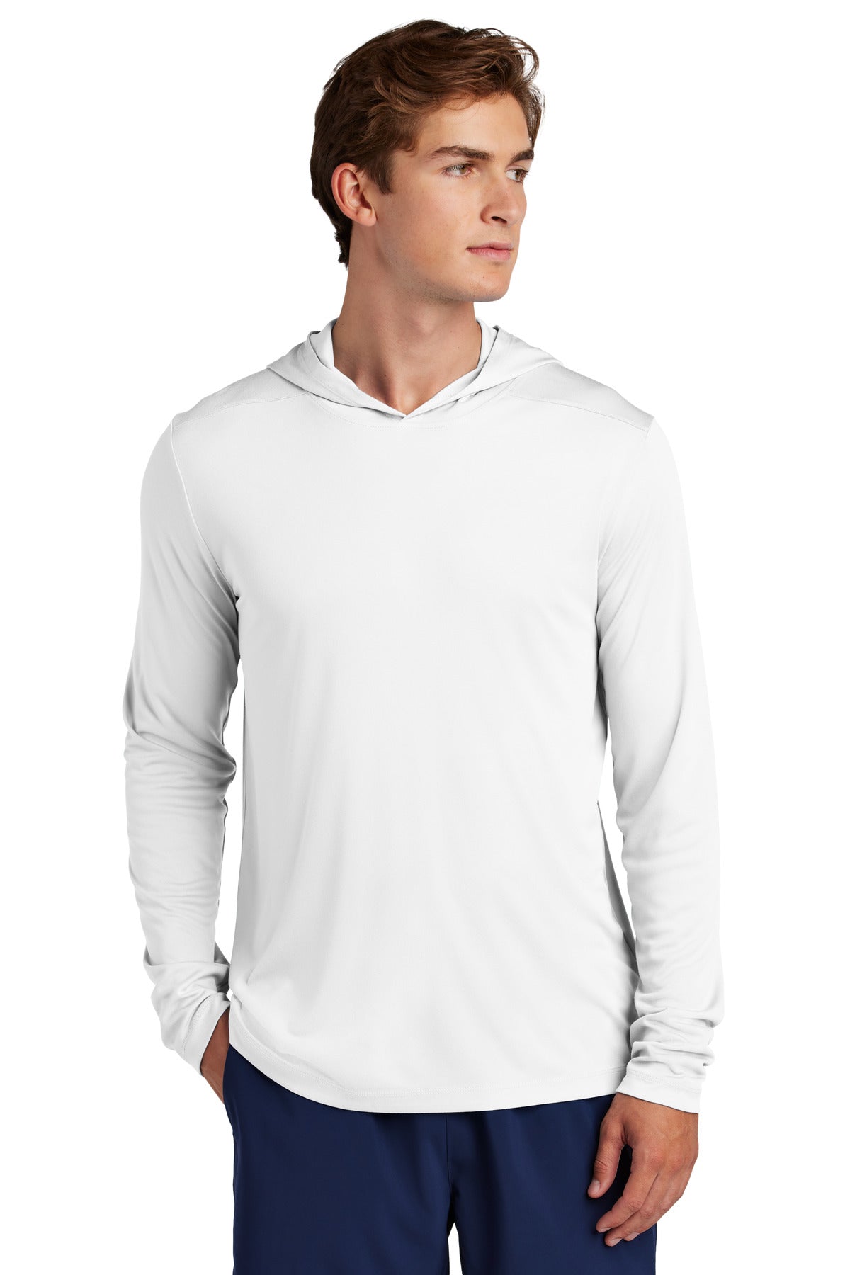 Front View of White Sport-Tek Posi-UV Pro Long Sleeve Hoodie ST420LSH