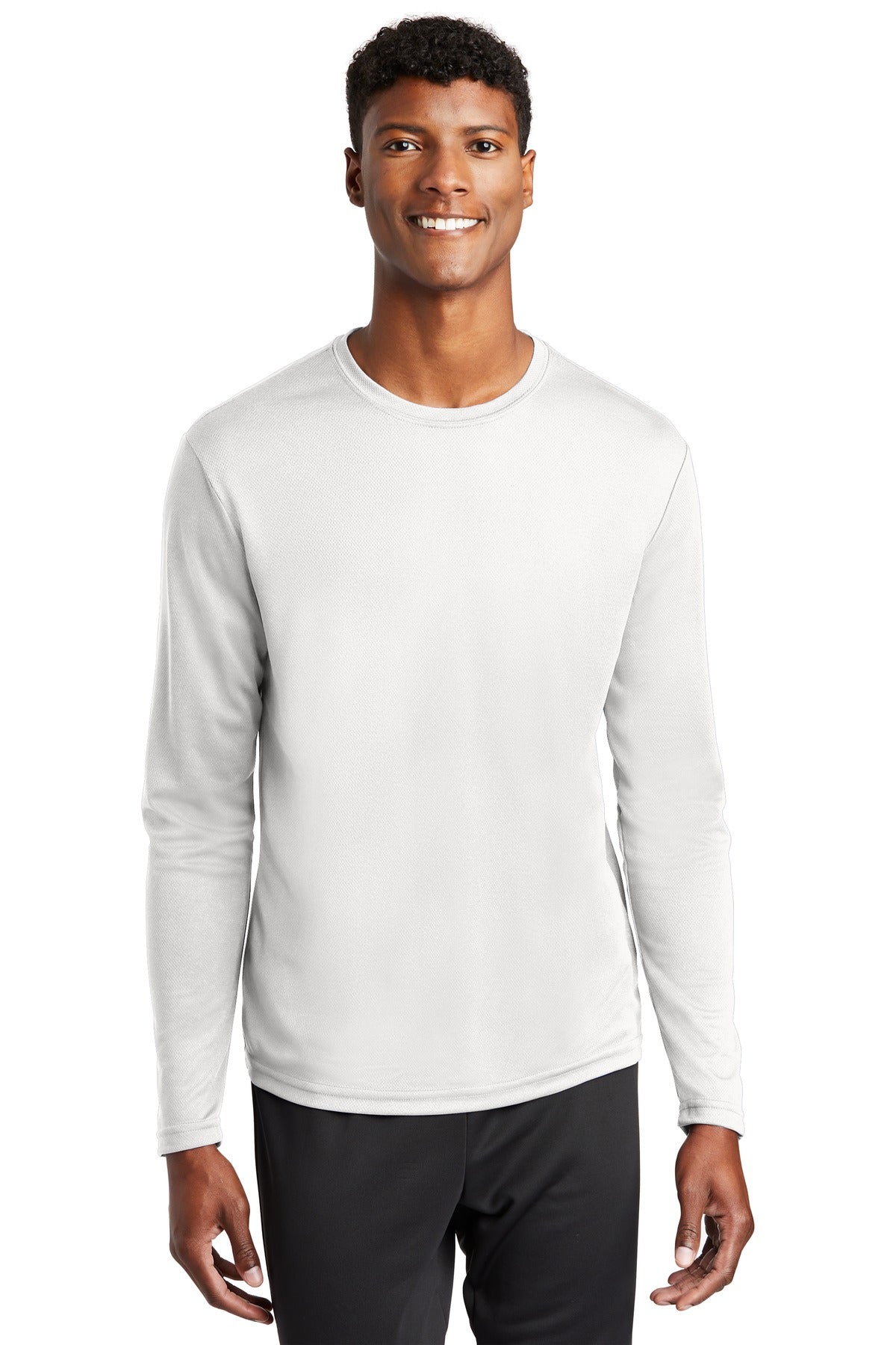 Front View of White Sport-Tek PosiCharge RacerMesh Long Sleeve Tee. ST340LS