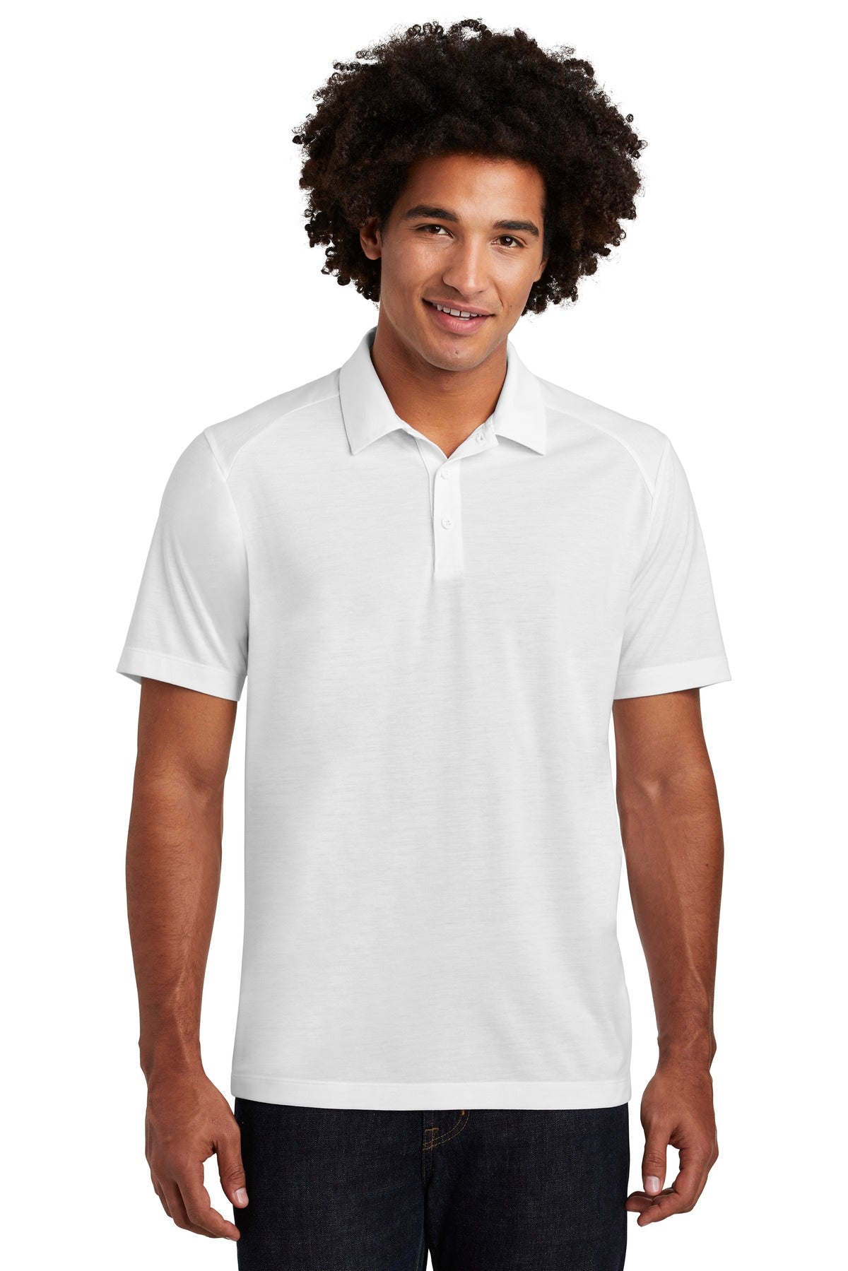 Front View of White Sport-Tek PosiCharge Tri-Blend Wicking Polo. ST405