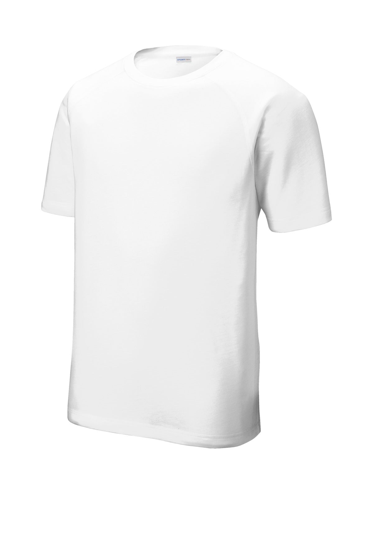 Front View of White Sport-Tek PosiCharge Tri-Blend Wicking Raglan Tee. ST400