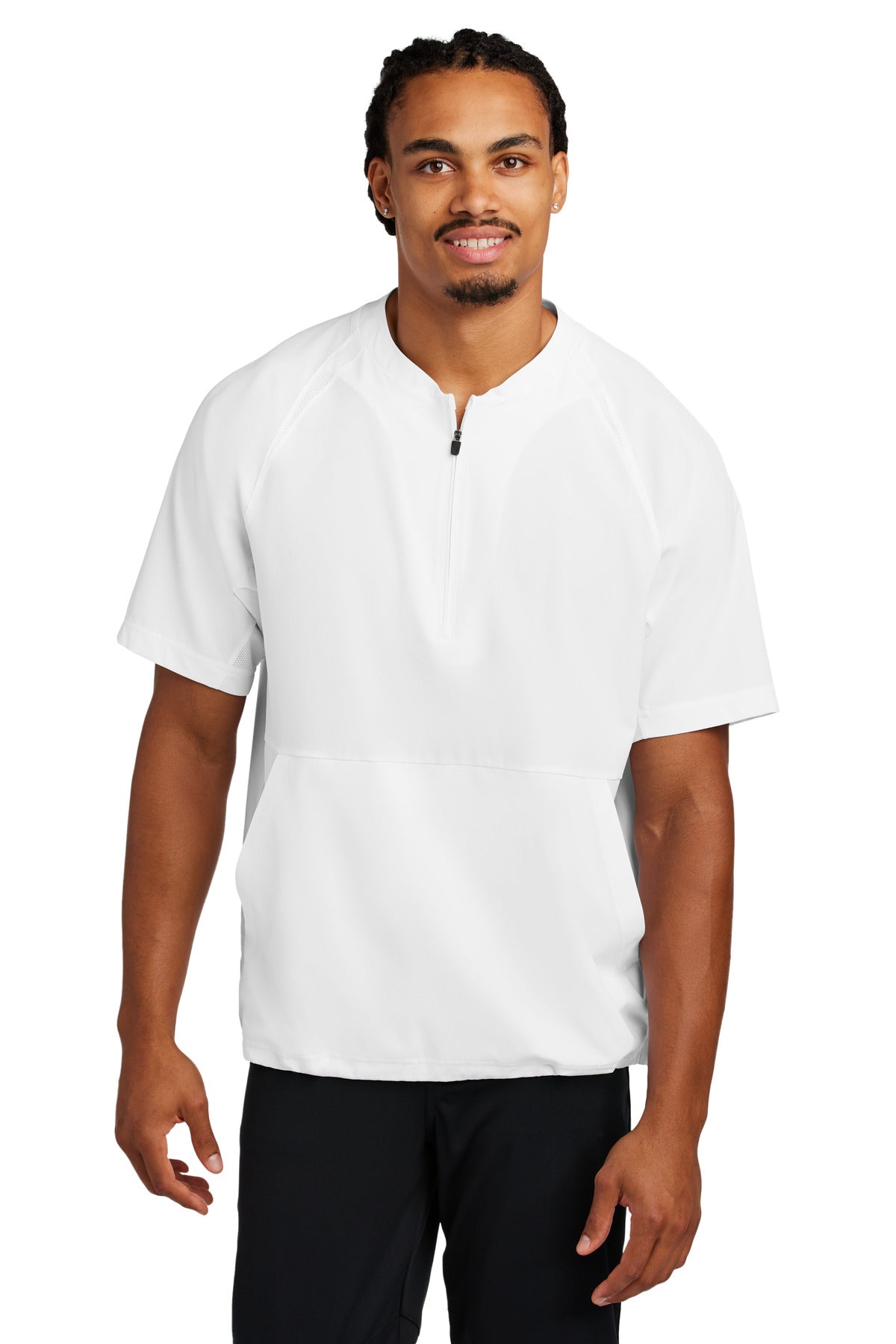 Front View of White Sport-Tek Repeat 1/2-Zip Short Sleeve Jacket JST489