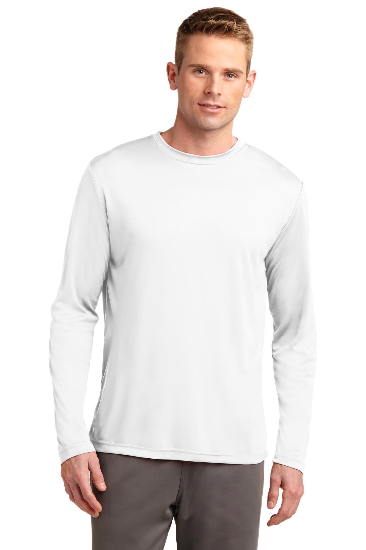 Front View of White Sport-Tek Tall Long Sleeve PosiCharge Competitor Tee. TST350LS