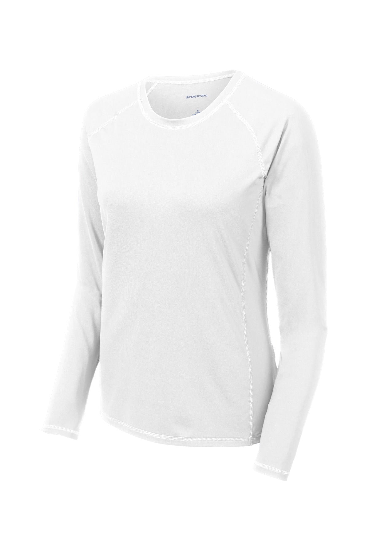Front View of White Sport-Tek Women's Long Sleeve Rashguard Tee. LST470LS