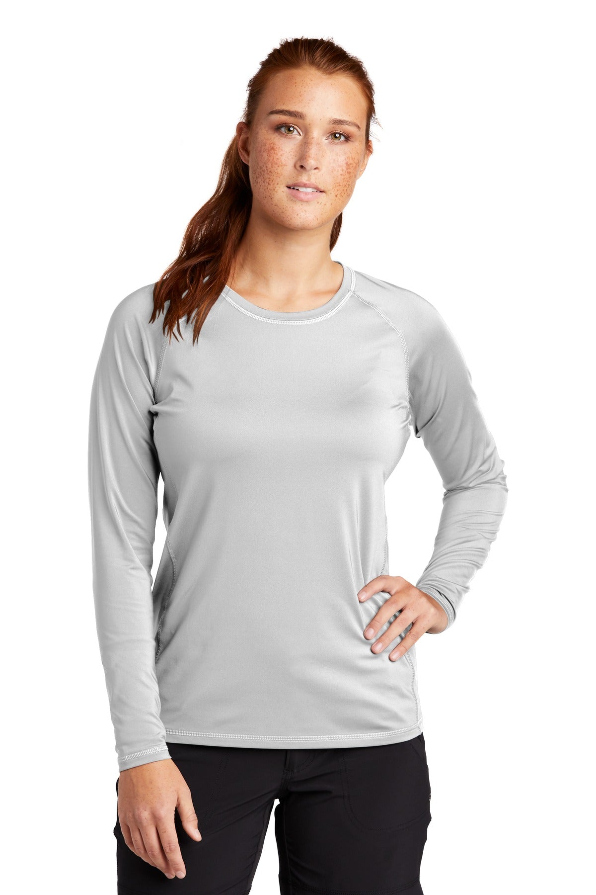 Front View of White Sport-Tek Women's Long Sleeve Rashguard Tee. LST470LS