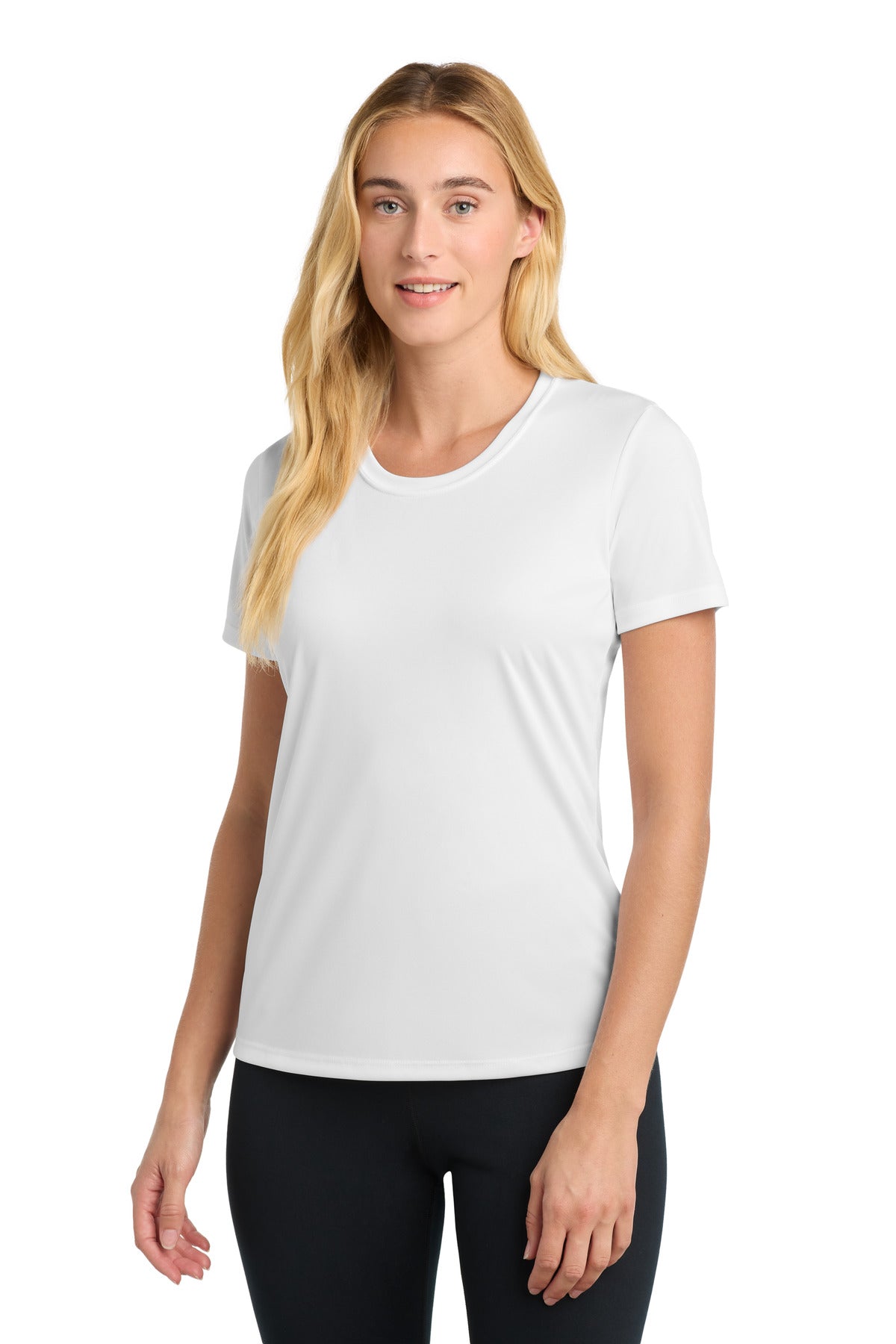 Front View of White Sport-Tek Women's PosiCharge Competitor Tee. LST350