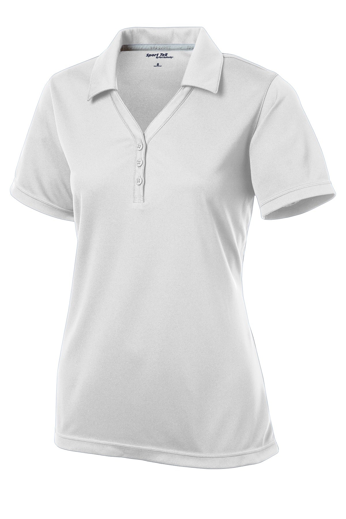 Front View of White Sport-Tek Women's PosiCharge Micro-Mesh Polo. LST680