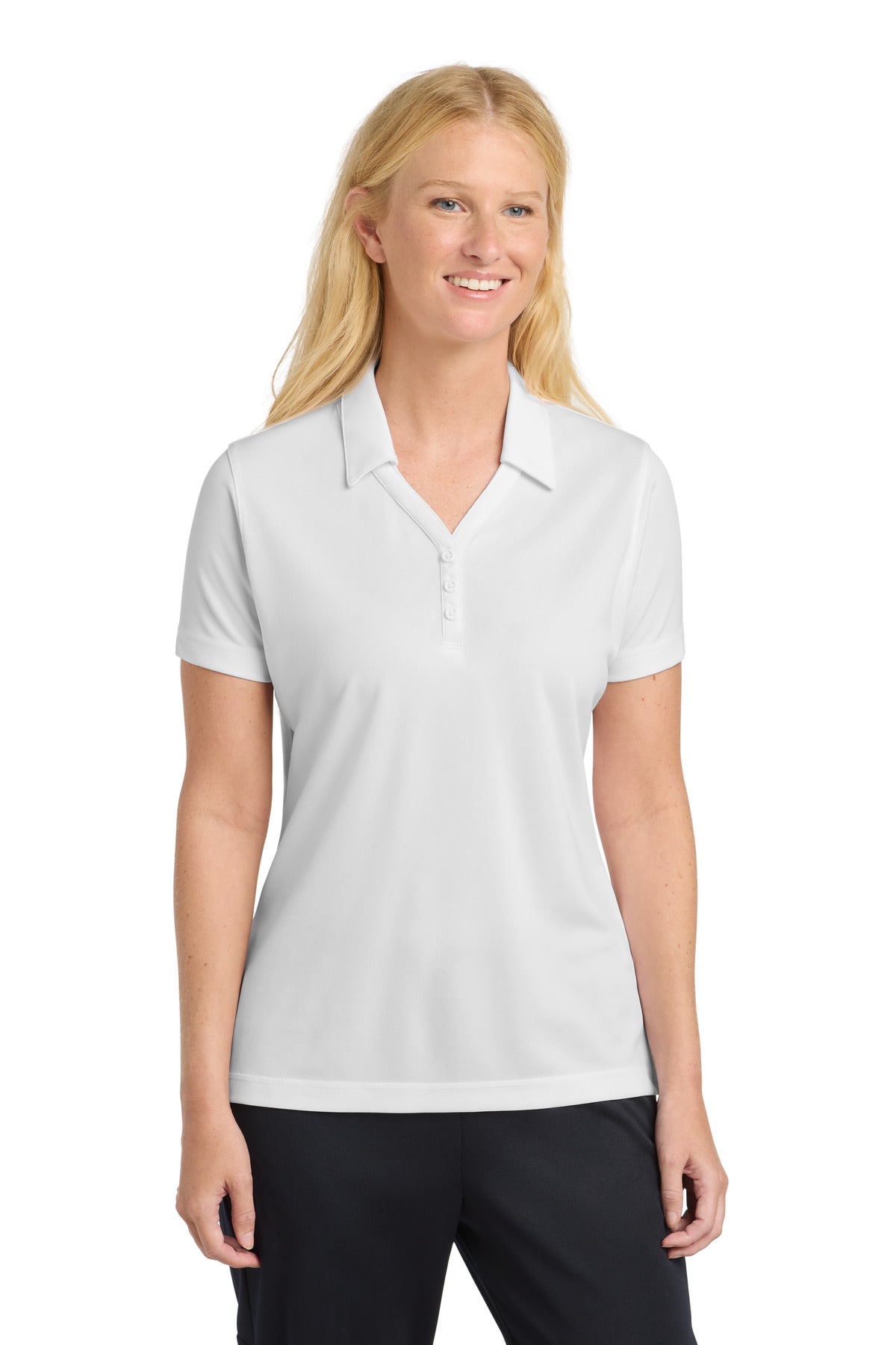Front View of White Sport-Tek Women's PosiCharge Micro-Mesh Polo. LST680