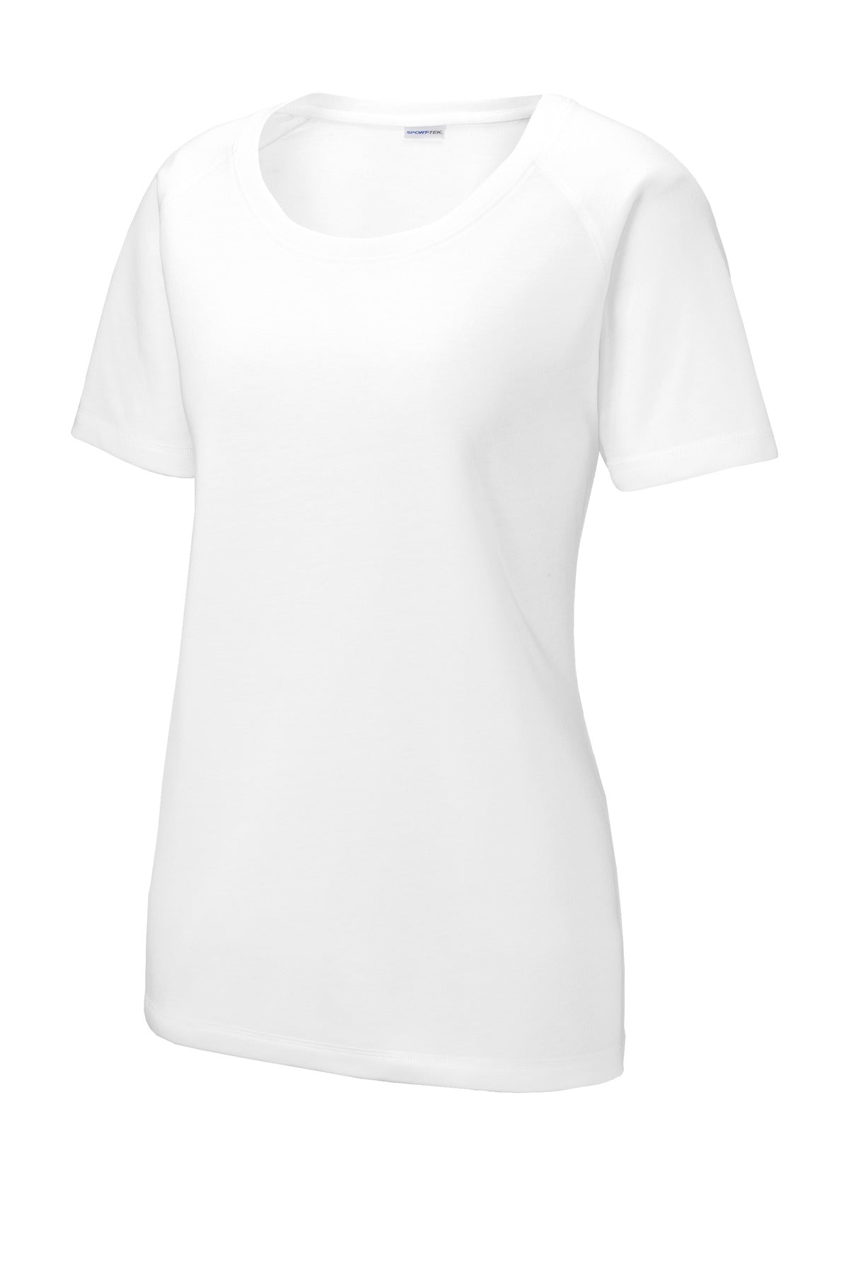 Front View of White Sport-Tek Women's PosiCharge Tri-Blend Wicking Scoop Neck Raglan Tee. LST400