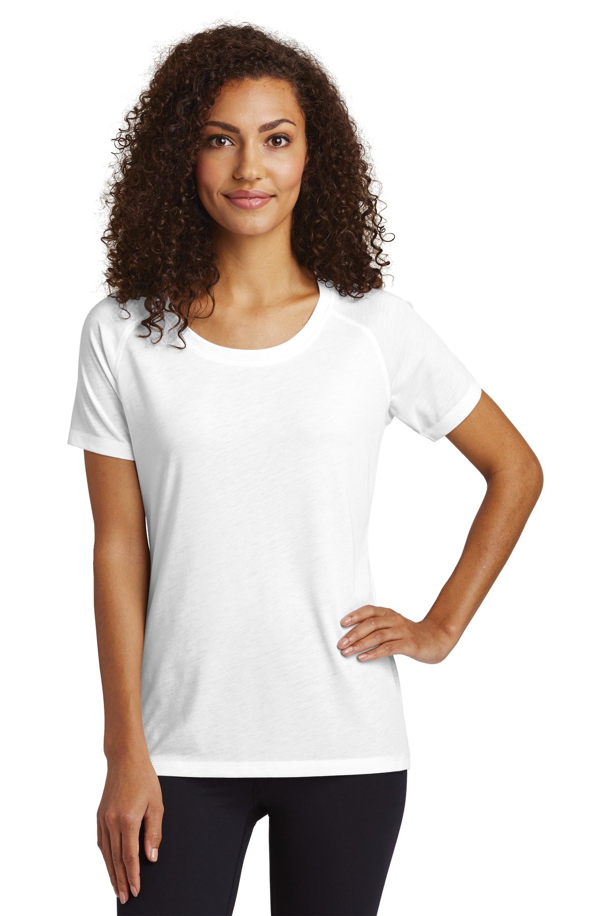 Front View of White Sport-Tek Women's PosiCharge Tri-Blend Wicking Scoop Neck Raglan Tee. LST400