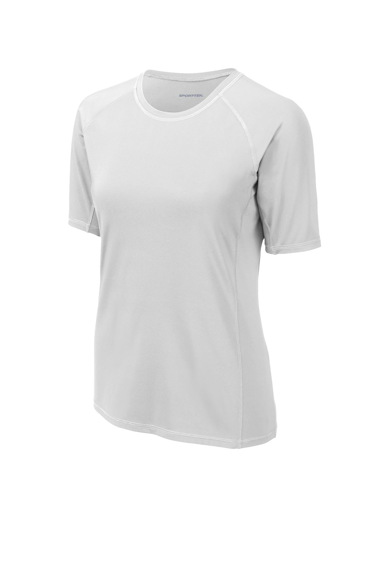 Front View of White Sport-Tek Women's Rashguard Tee. LST470
