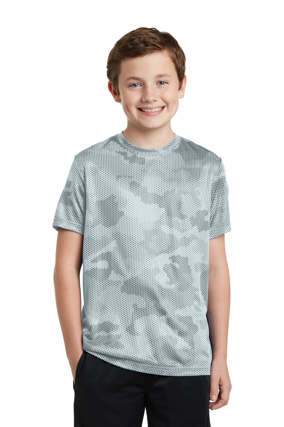 Front View of White Sport-Tek Youth CamoHex Tee. YST370