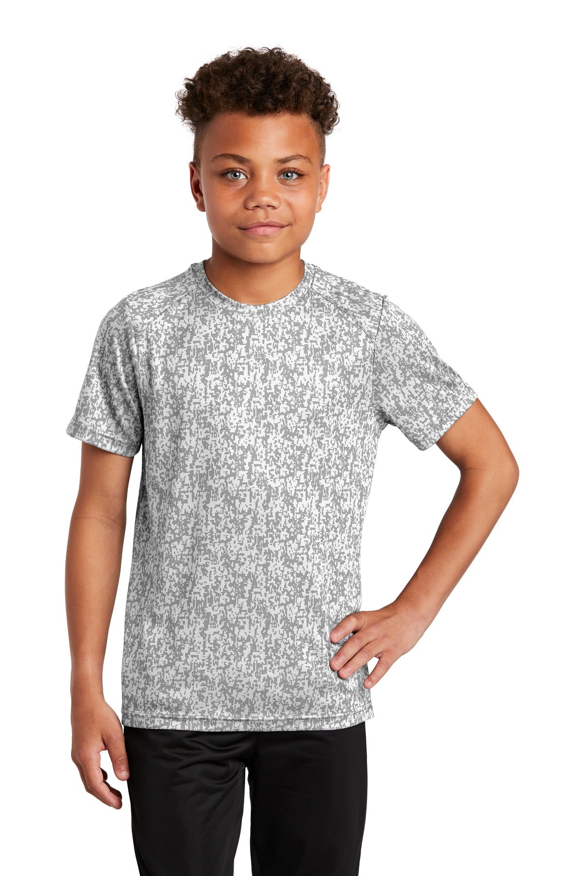 Front View of White Sport-Tek Youth Digi Camo Tee. YST460